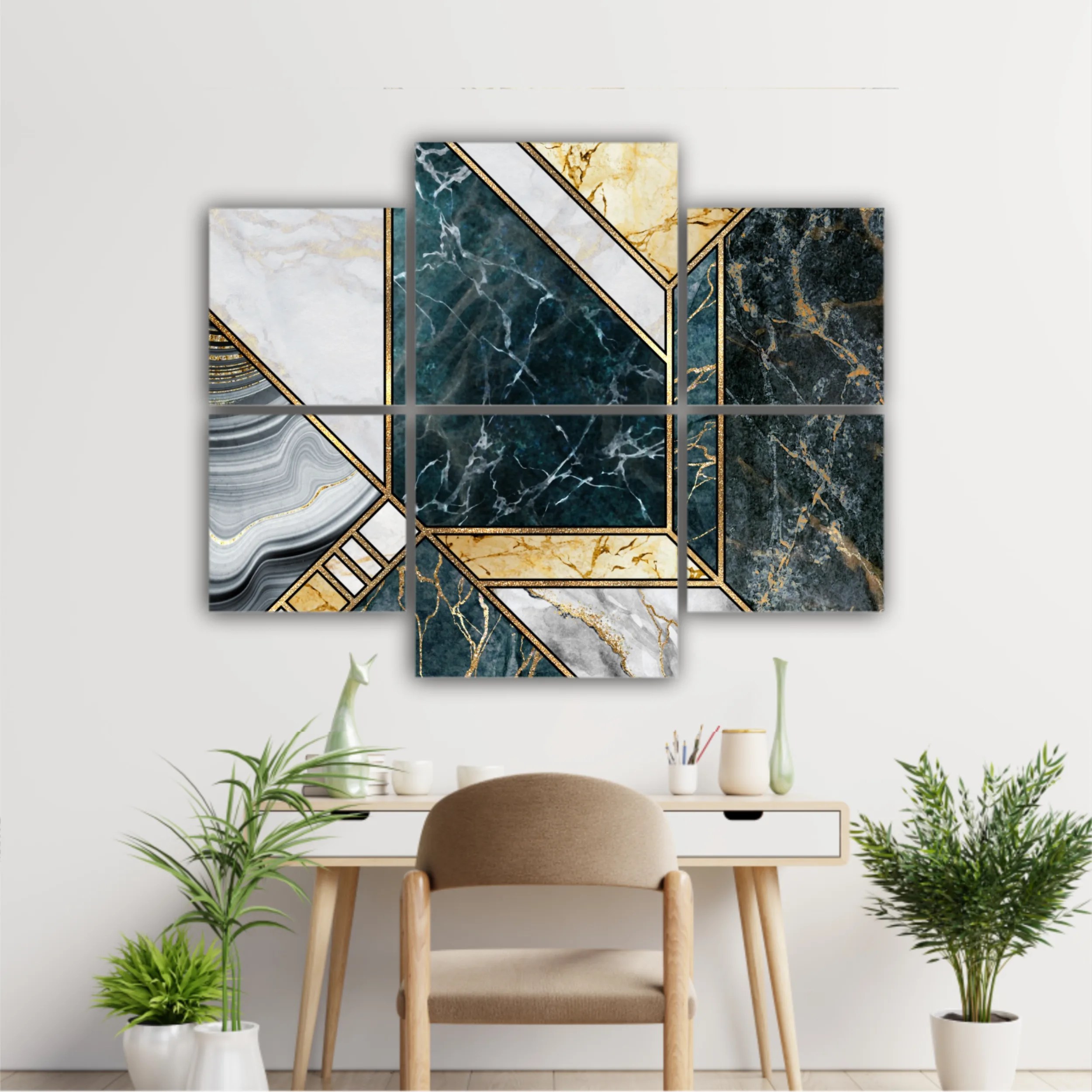 Сreative texture of marble,  modern mosaic inlay, green and gold N4