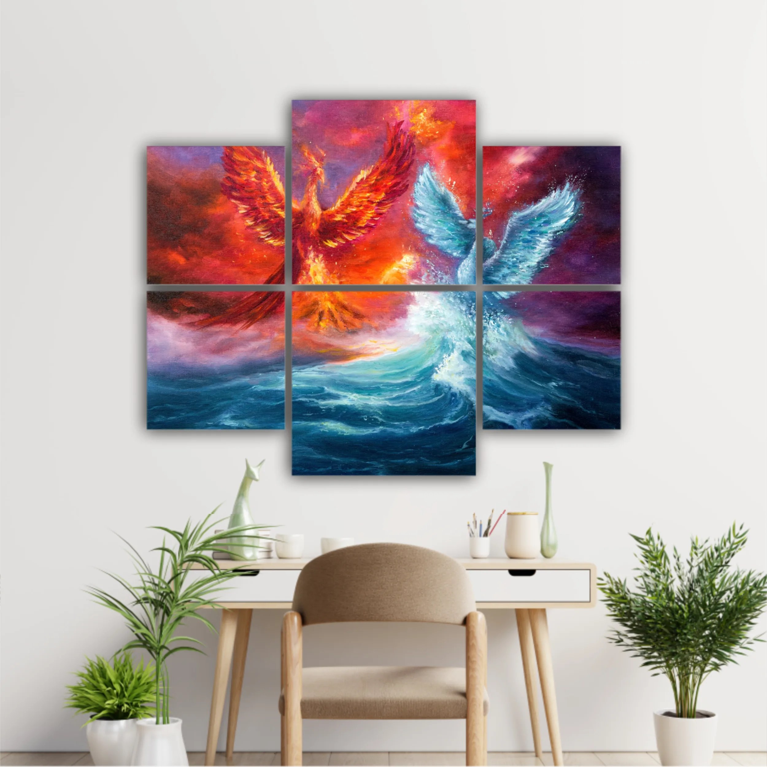  phoenix and spiritual swan from waves in ocean. Golden sunset. Modern Impressionism, modernism, marinism