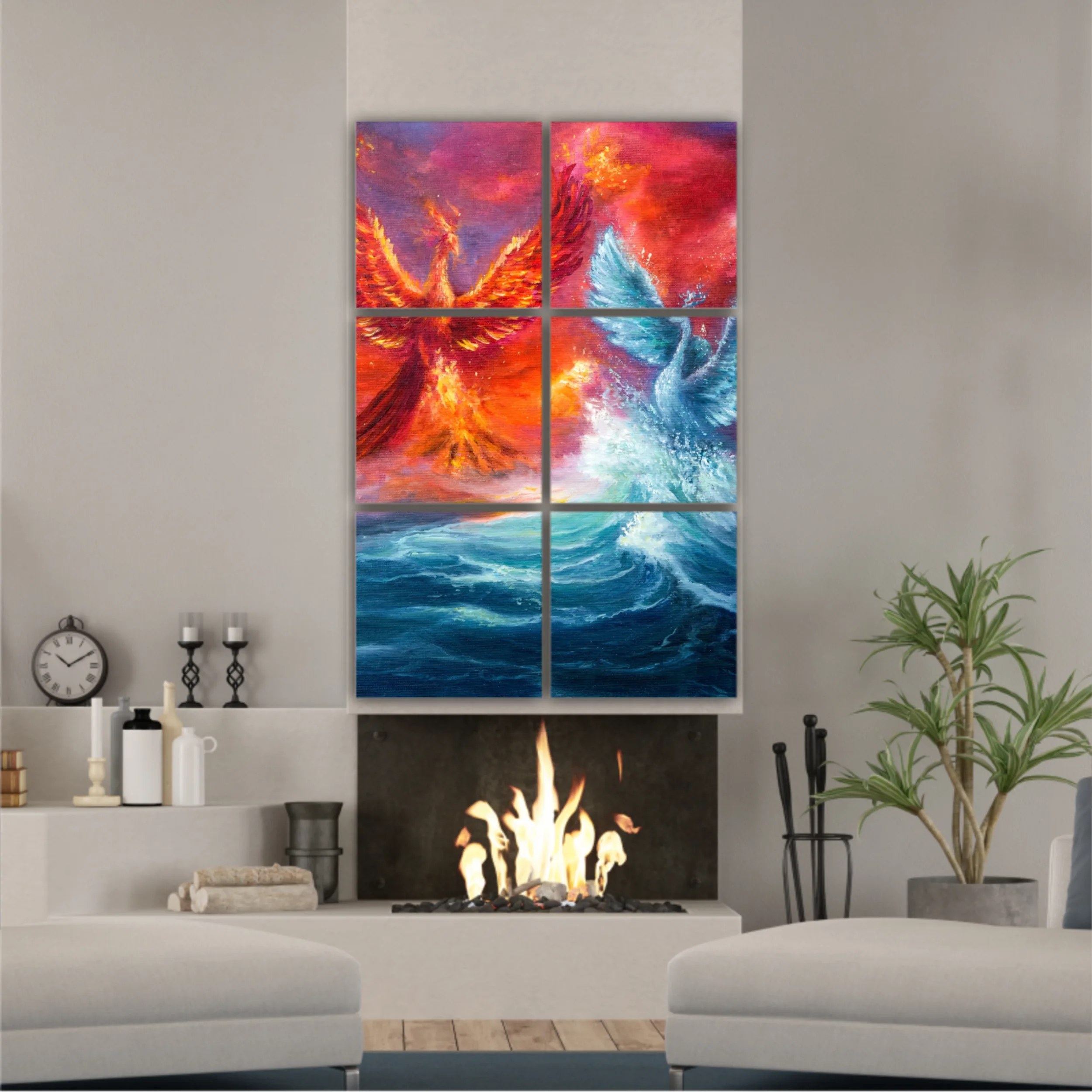  phoenix and spiritual swan from waves in ocean. Golden sunset. Modern Impressionism, modernism, marinism