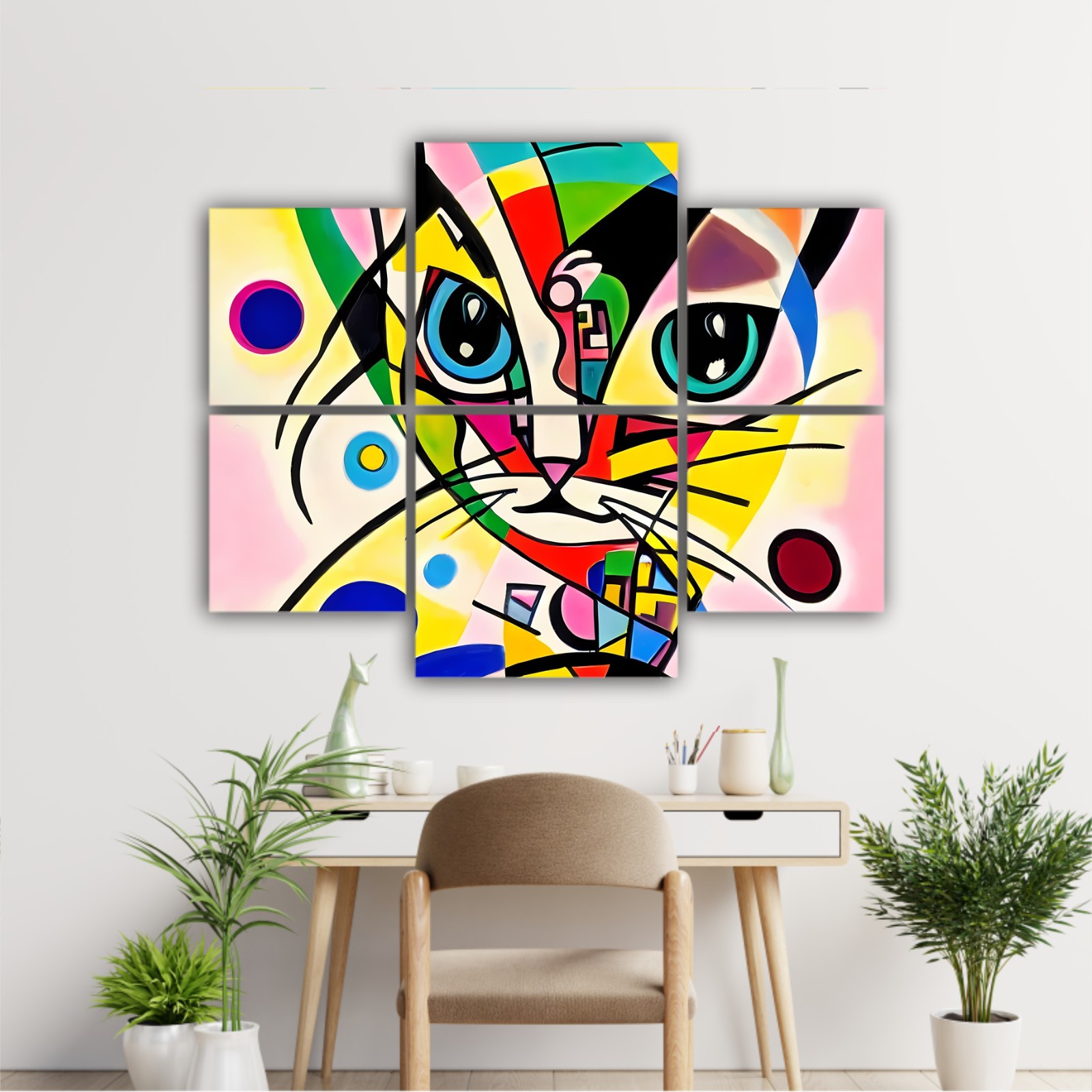 A bright and colorful abstract portrait composition of a cat designed in the style of Kandinsky and the Bauhaus art movement.