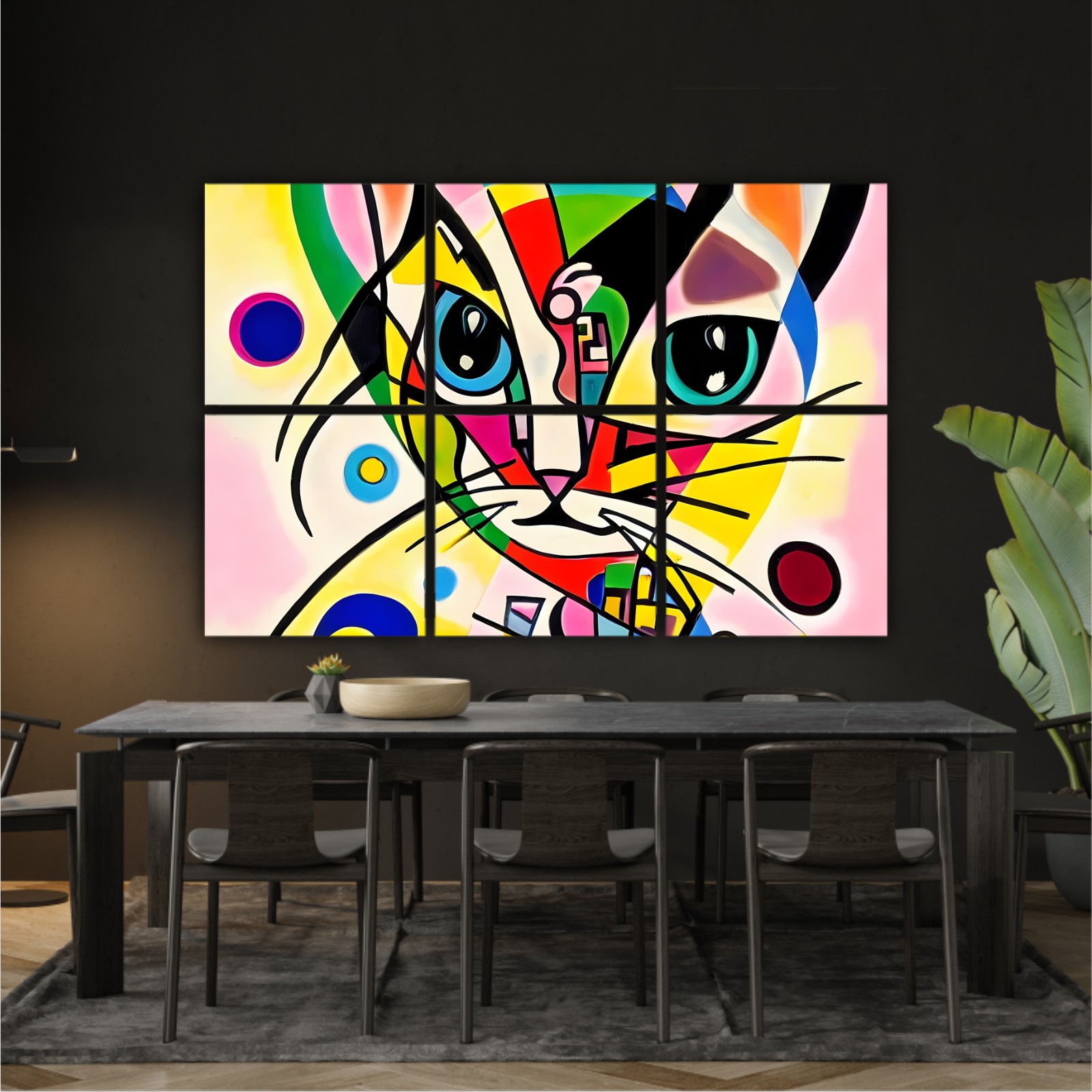 A bright and colorful abstract portrait composition of a cat designed in the style of Kandinsky and the Bauhaus art movement.