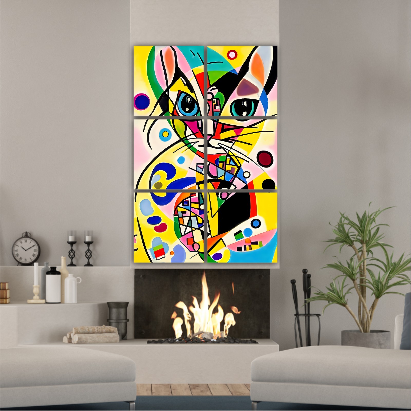 A bright and colorful abstract portrait composition of a cat designed in the style of Kandinsky and the Bauhaus art movement.