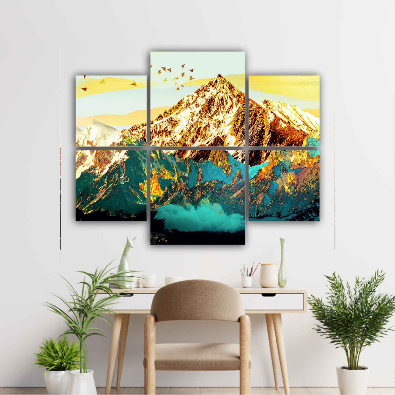 abstract-paint-texture-art- blue and gold mountains