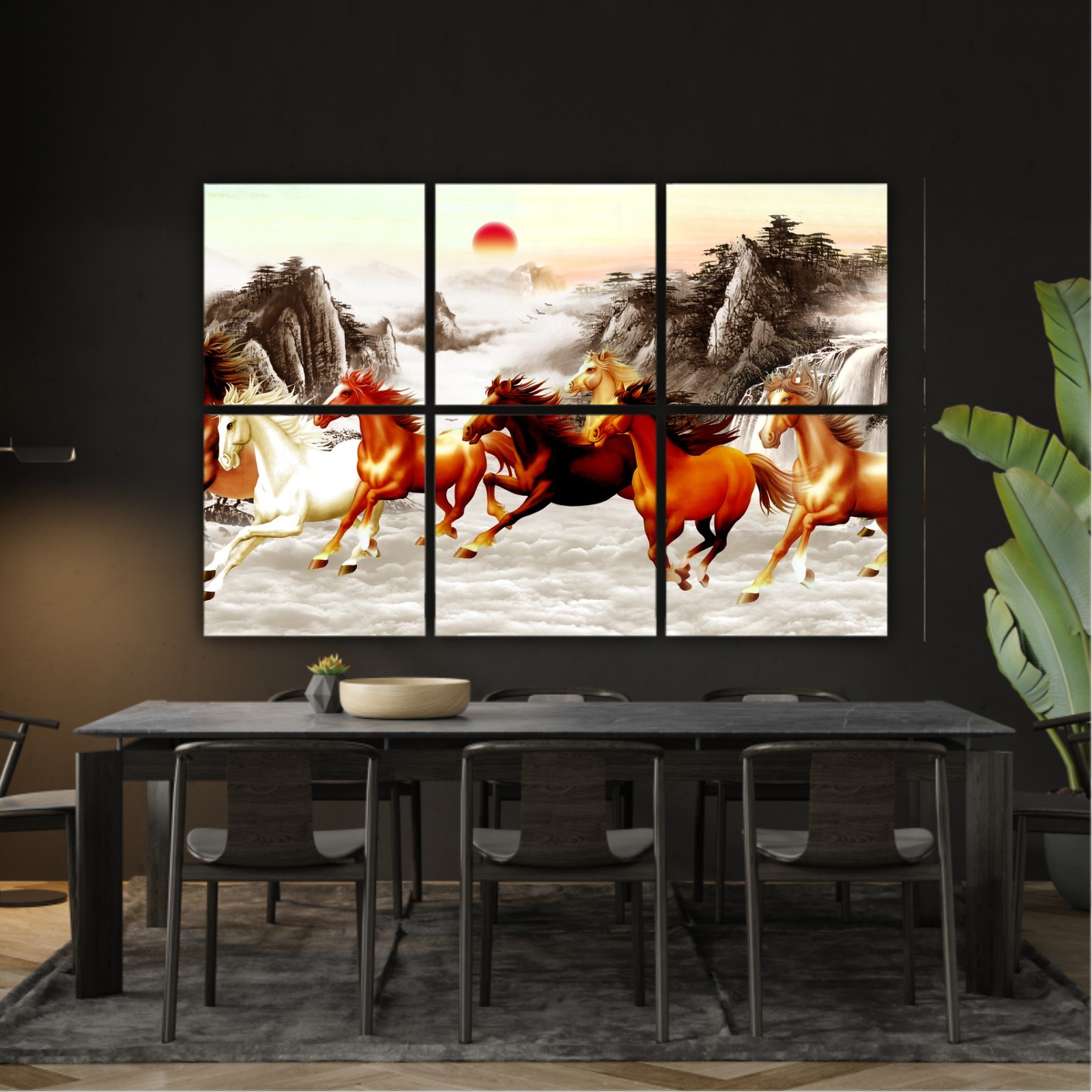 Abstract painting  with galloping horses and a red moon on backround