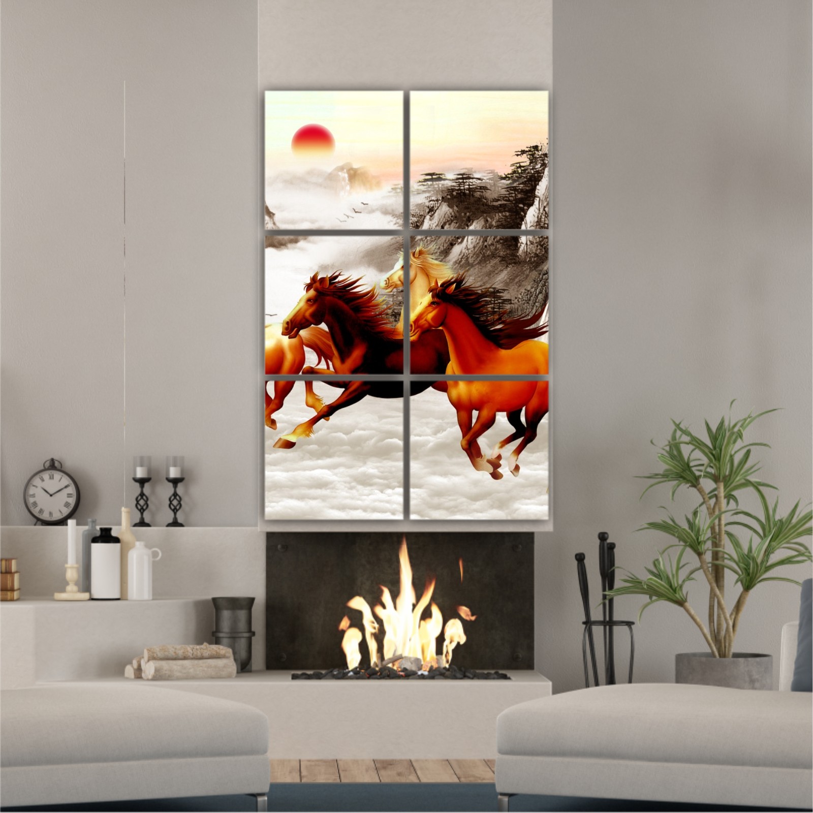 Abstract painting  with galloping horses and a red moon on backround