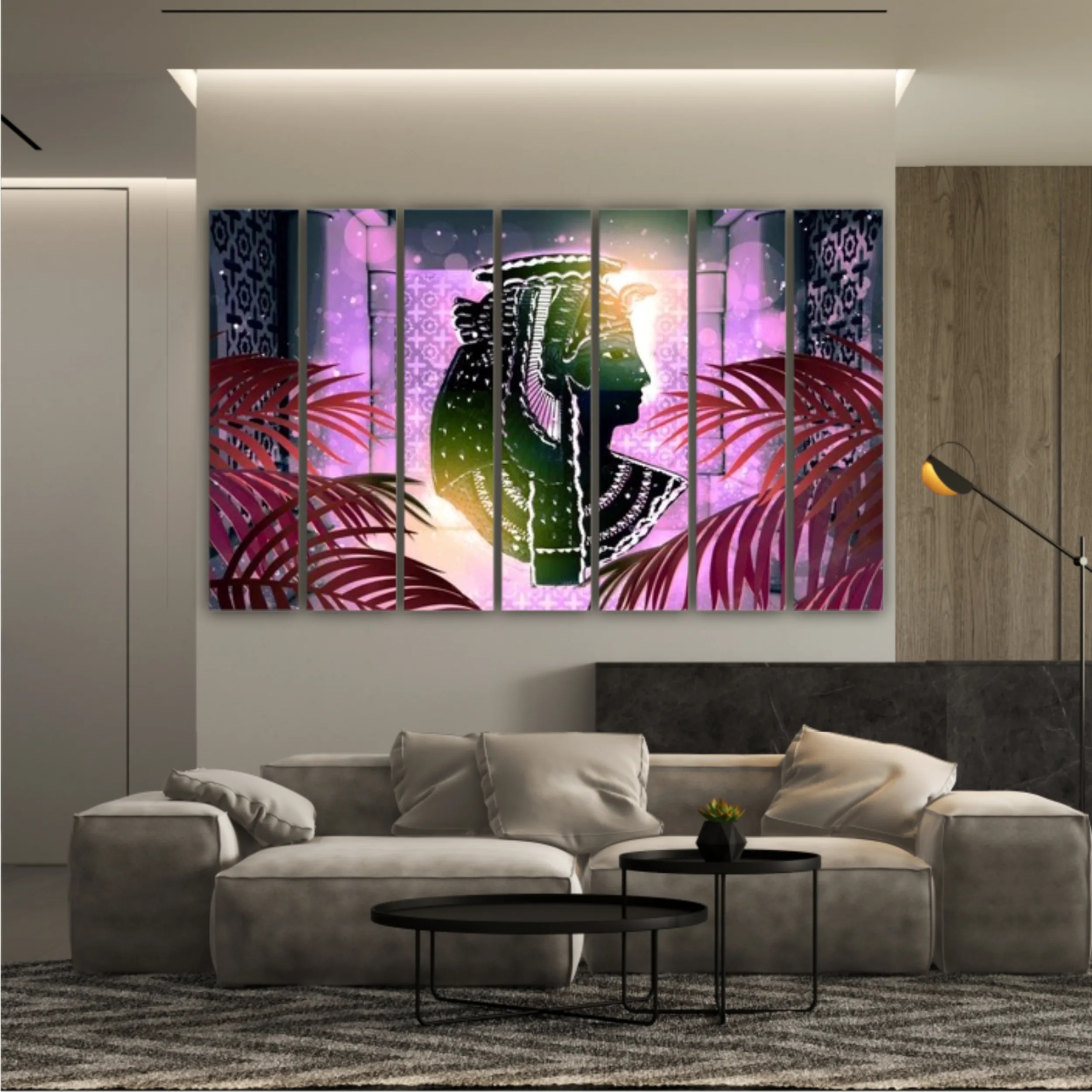 Eastern interior background with ornaments on the walls and columns, neon lights, rays of sunlight, bokeh. 3D