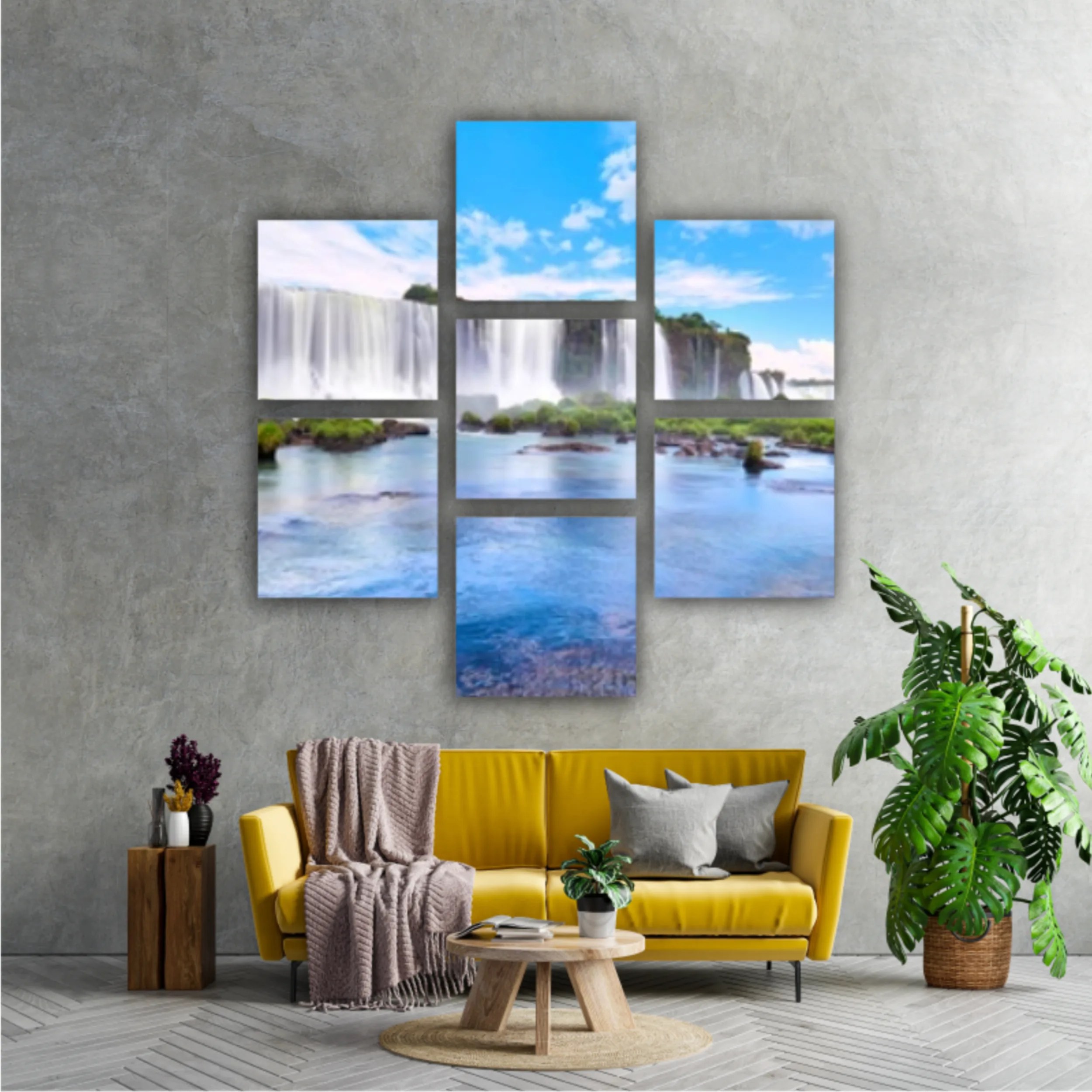 Panoramic view of many majestic powerful water cascades with mist and reflection of blue sky with clouds. Panoramic image of Iguazu valley