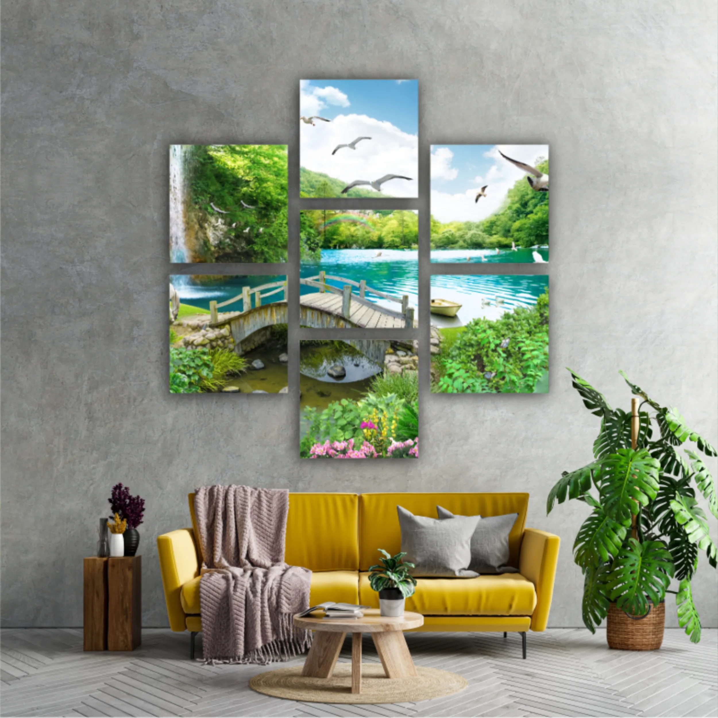 tropical view with waterfall, lake, bird, white horse and wood bridge