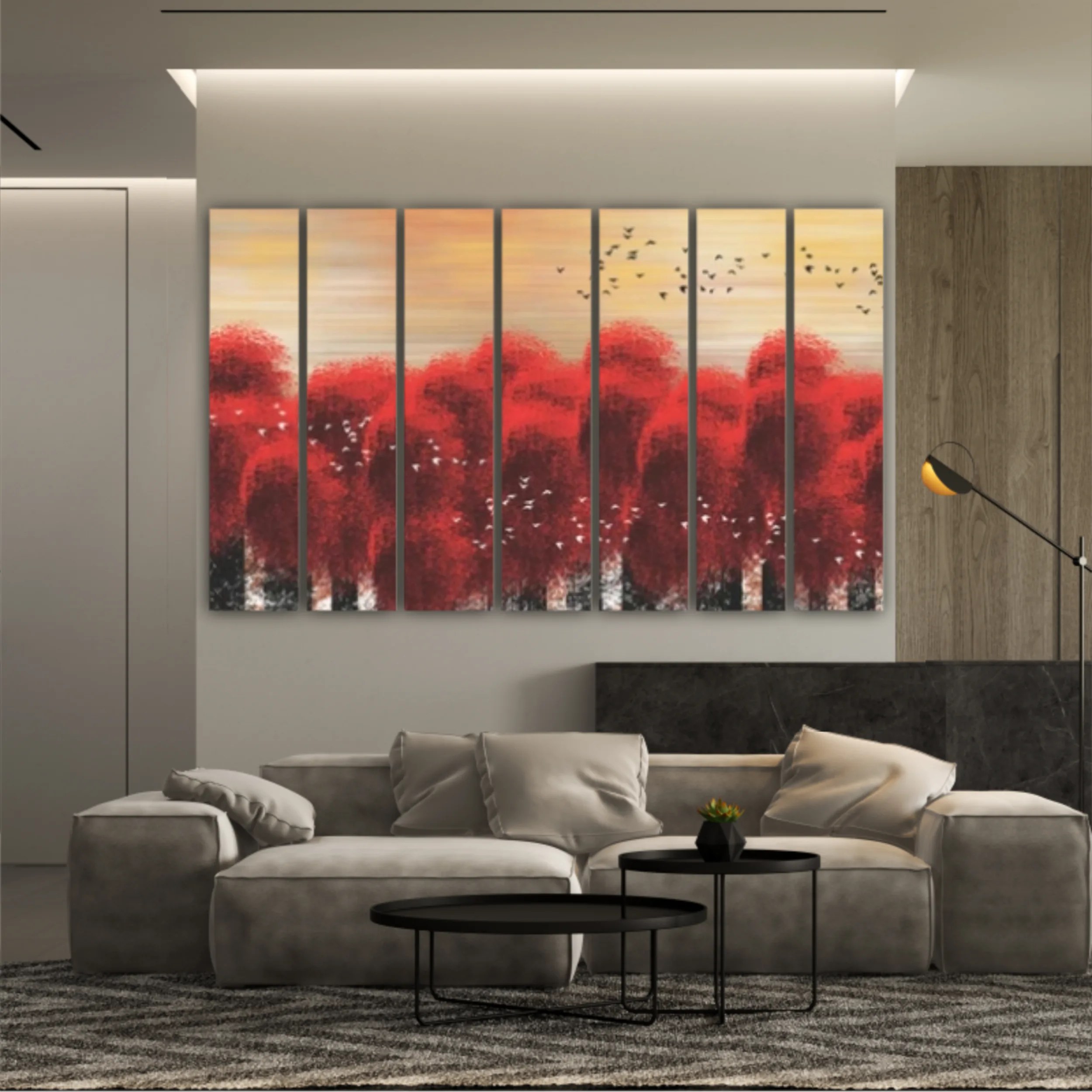 3d illustration image of red tree forest and flock of birds flying in the sky