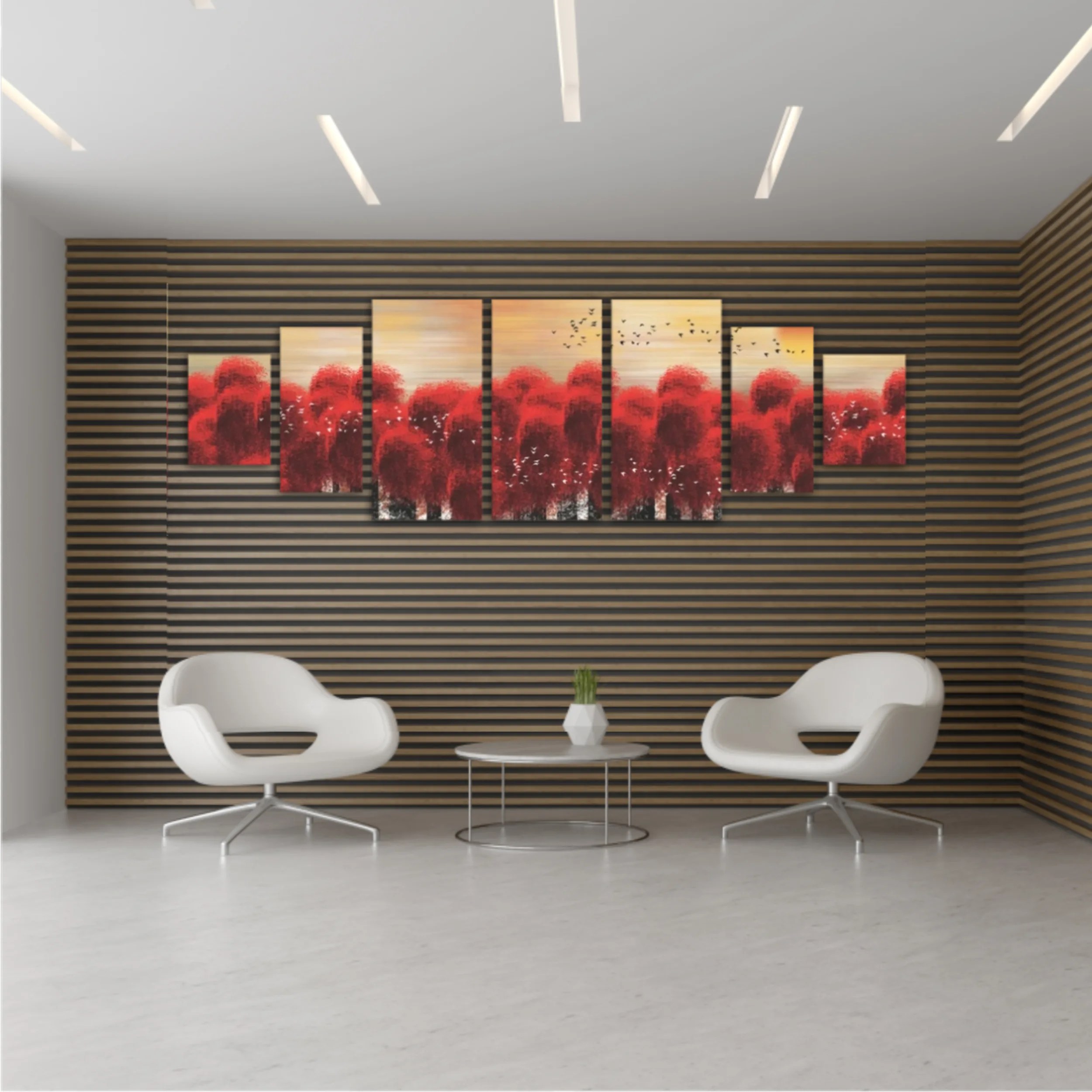 3d illustration image of red tree forest and flock of birds flying in the sky