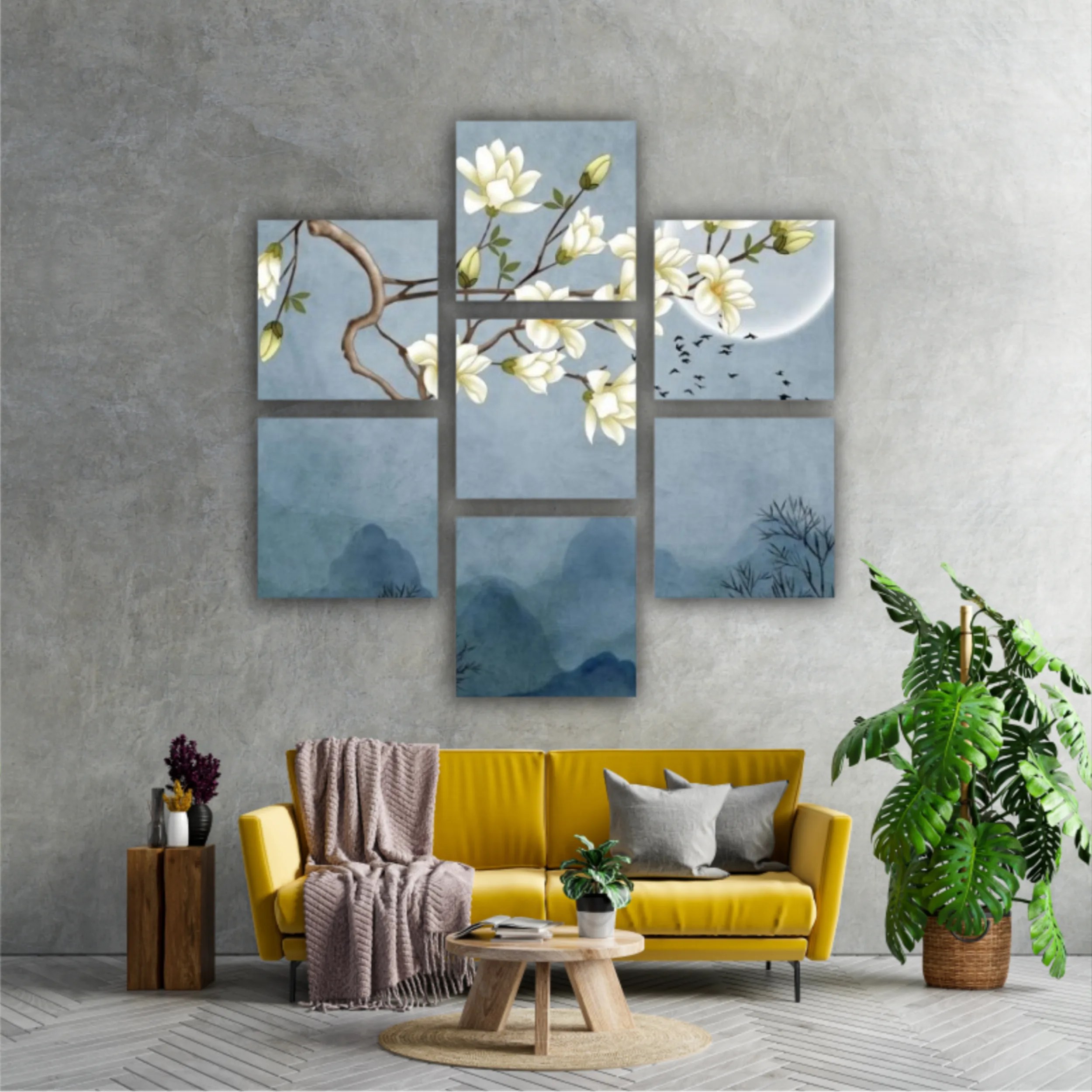 3d illustration of flowers, moon, flock of birds and mountains