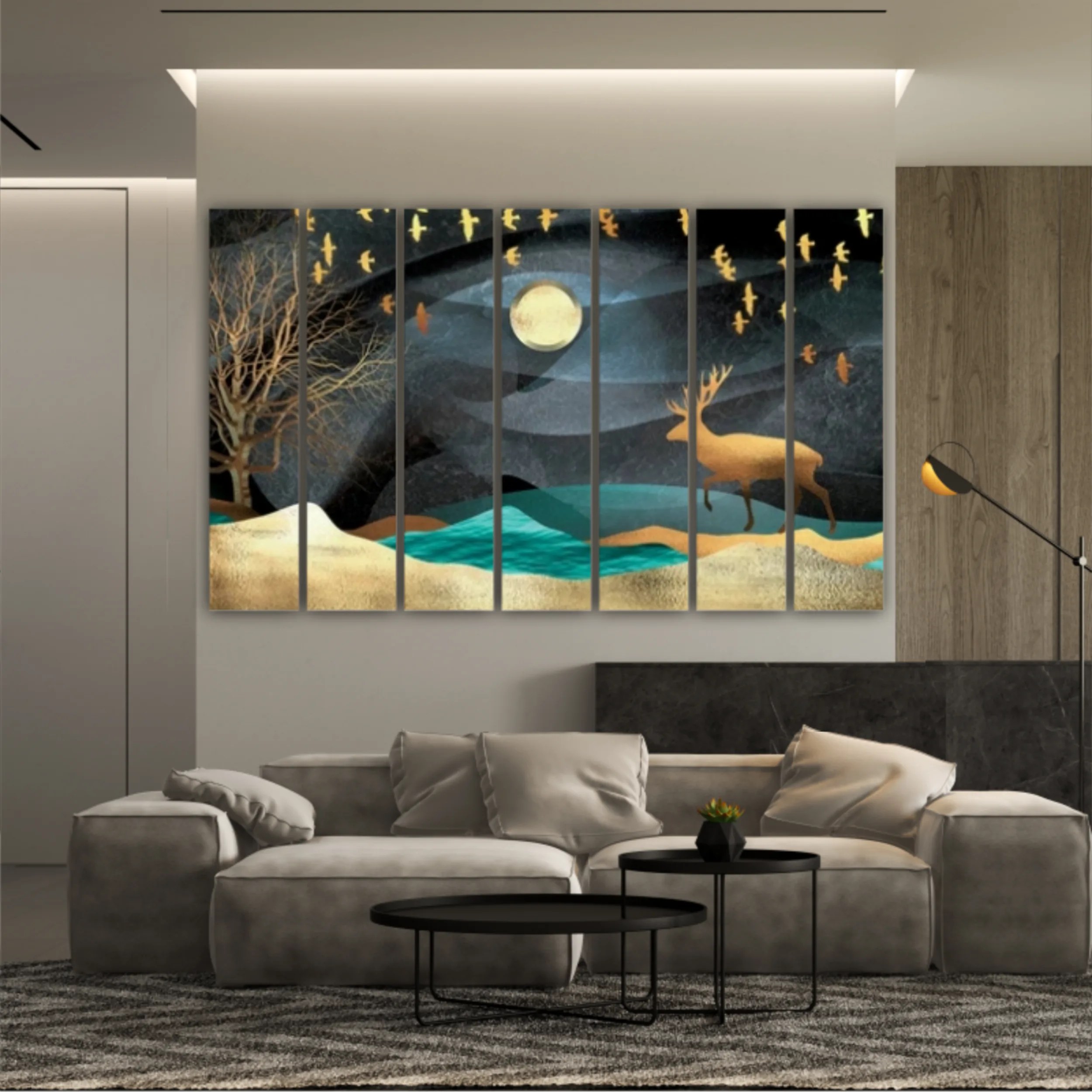 3d illustration of moon, deer and flock of flying birds