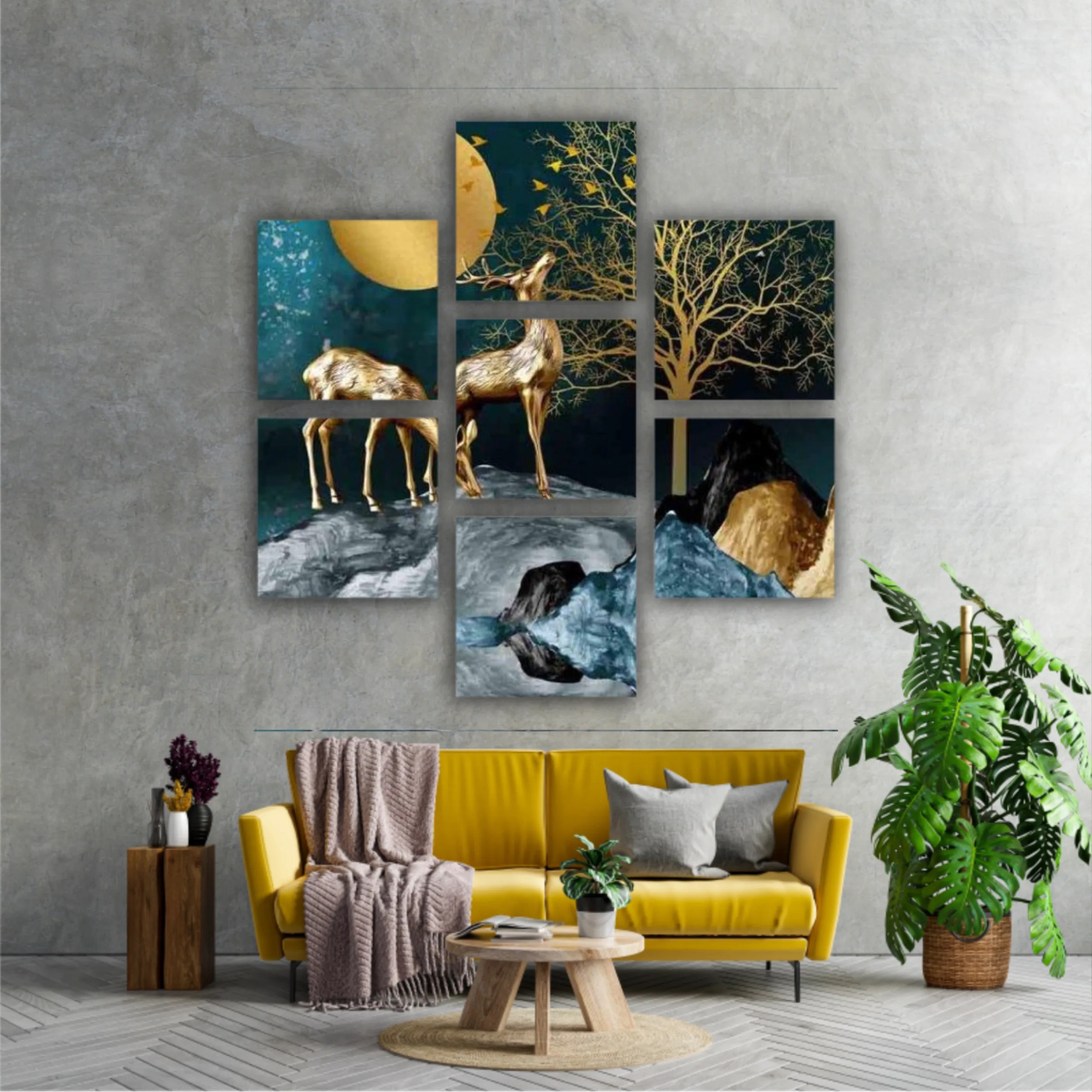 3d illustration of golden deer in the mountain. Luxurious abstract art digital painting