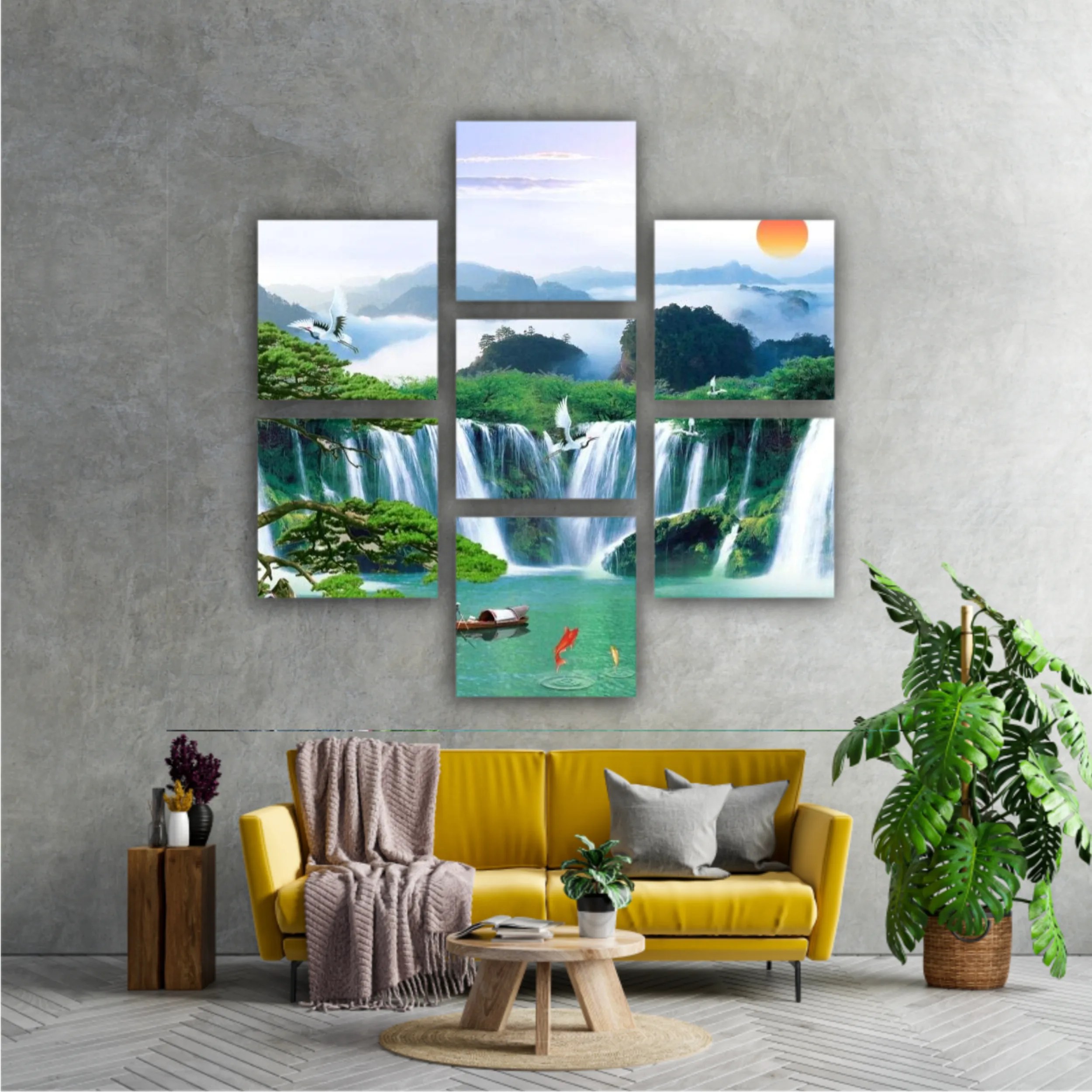 3d illustration of forest waterfall and bird