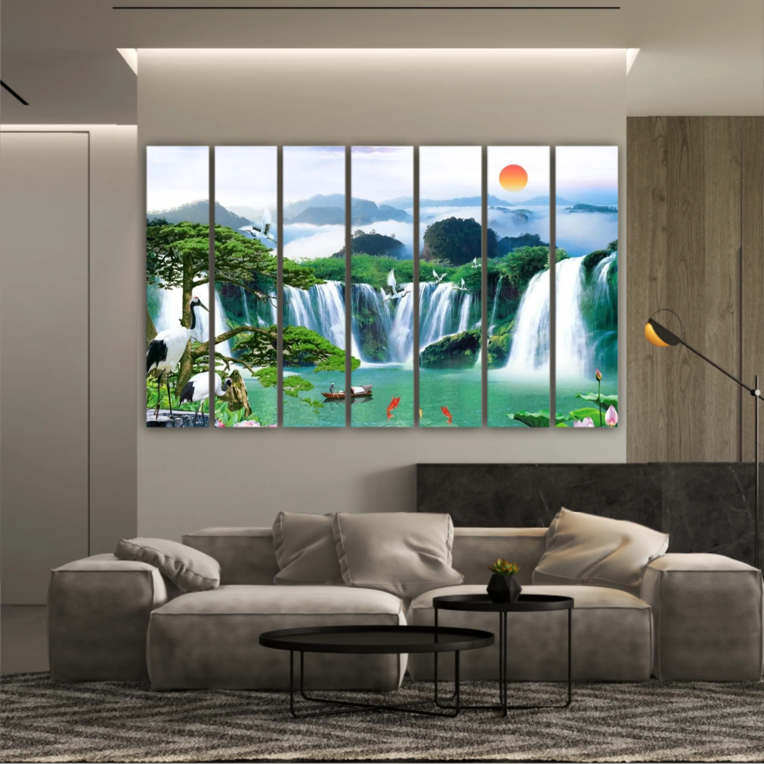 3d illustration of forest waterfall and bird