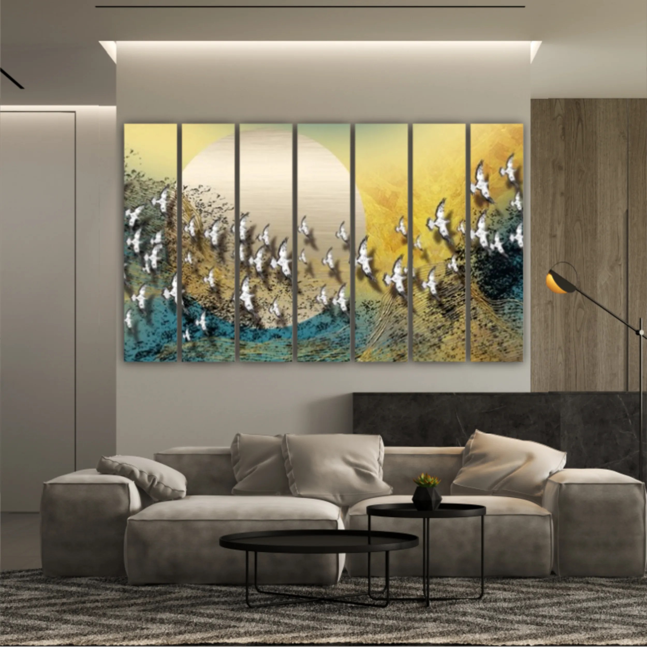 3d illustration of white flock of birds flying over the moon. Luxurious abstract art digital painting