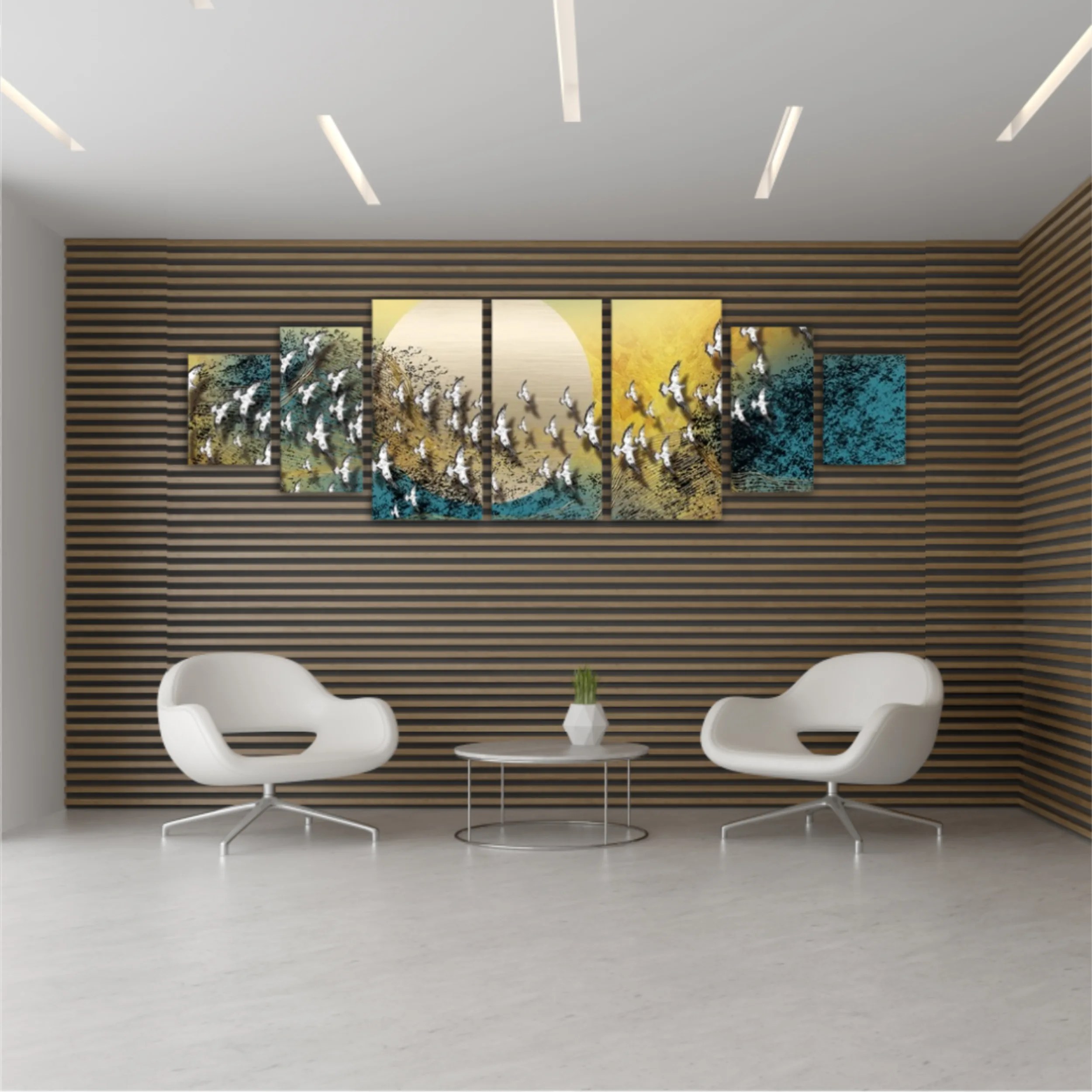 3d illustration of white flock of birds flying over the moon. Luxurious abstract art digital painting