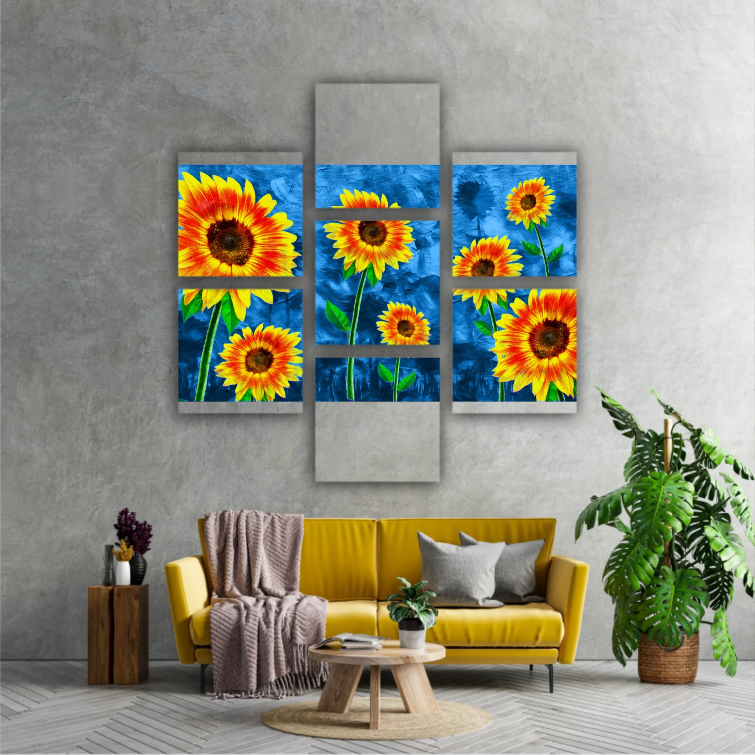 Yellow sunflowers on blue abstract background