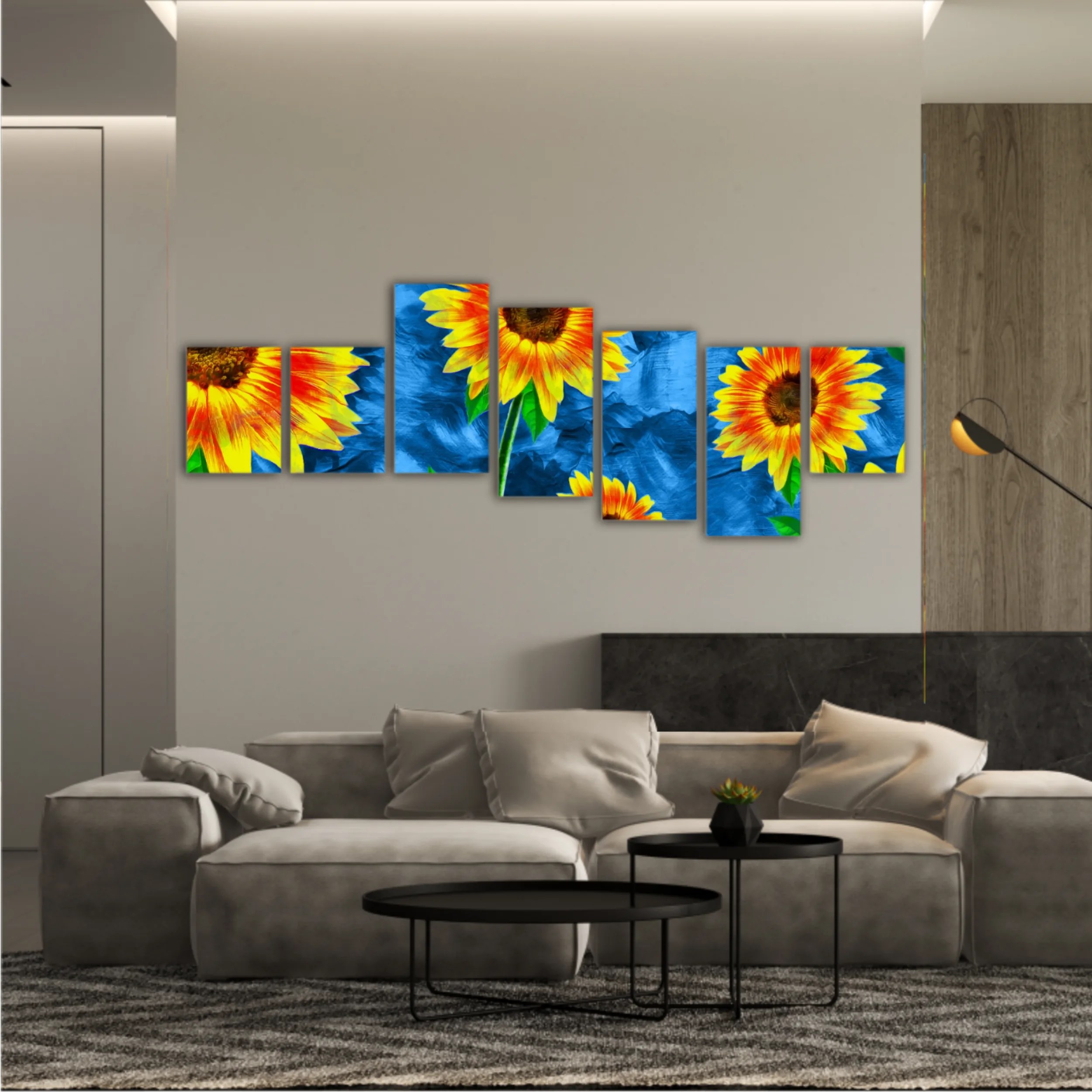 Yellow sunflowers on blue abstract background