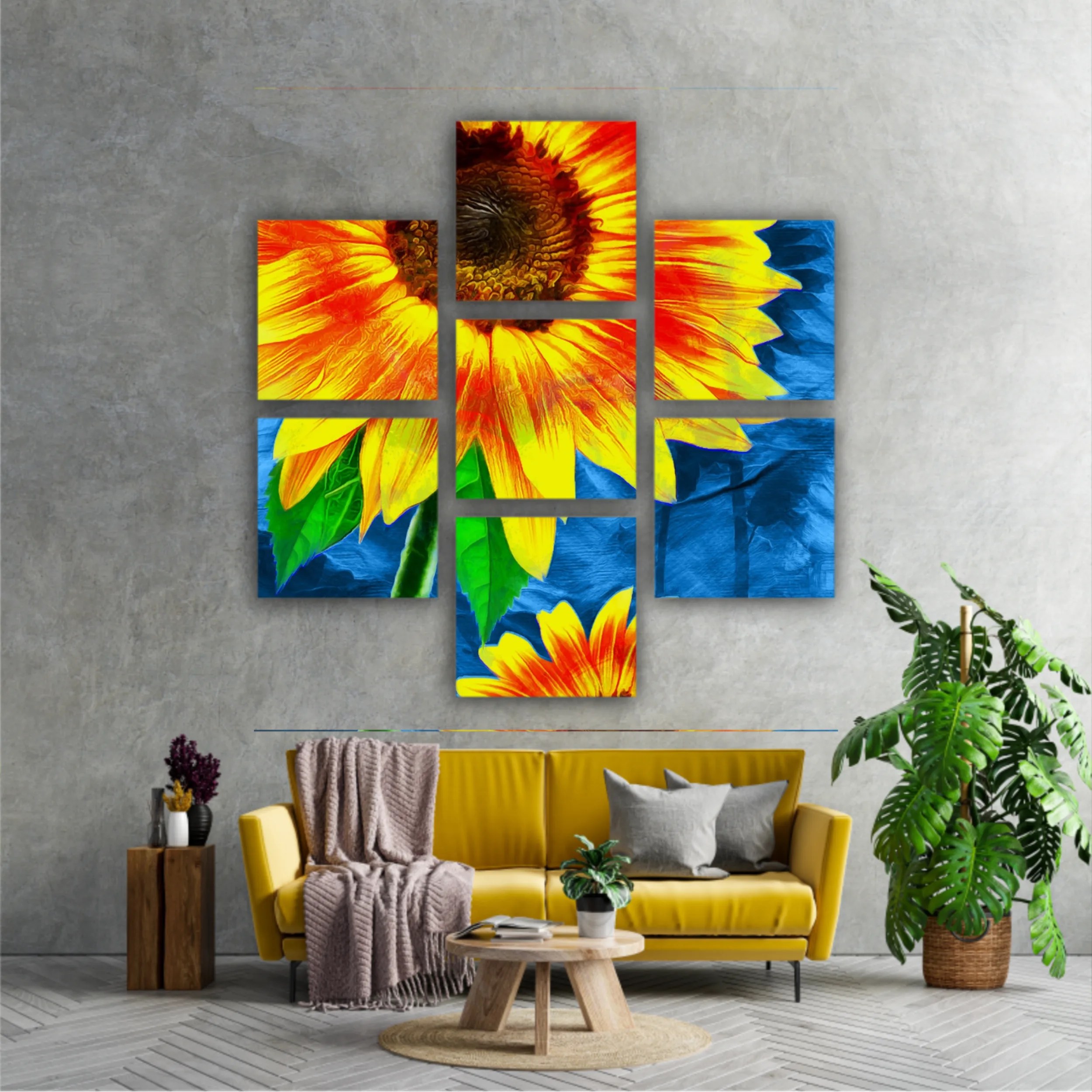 Yellow sunflowers on blue abstract background N1