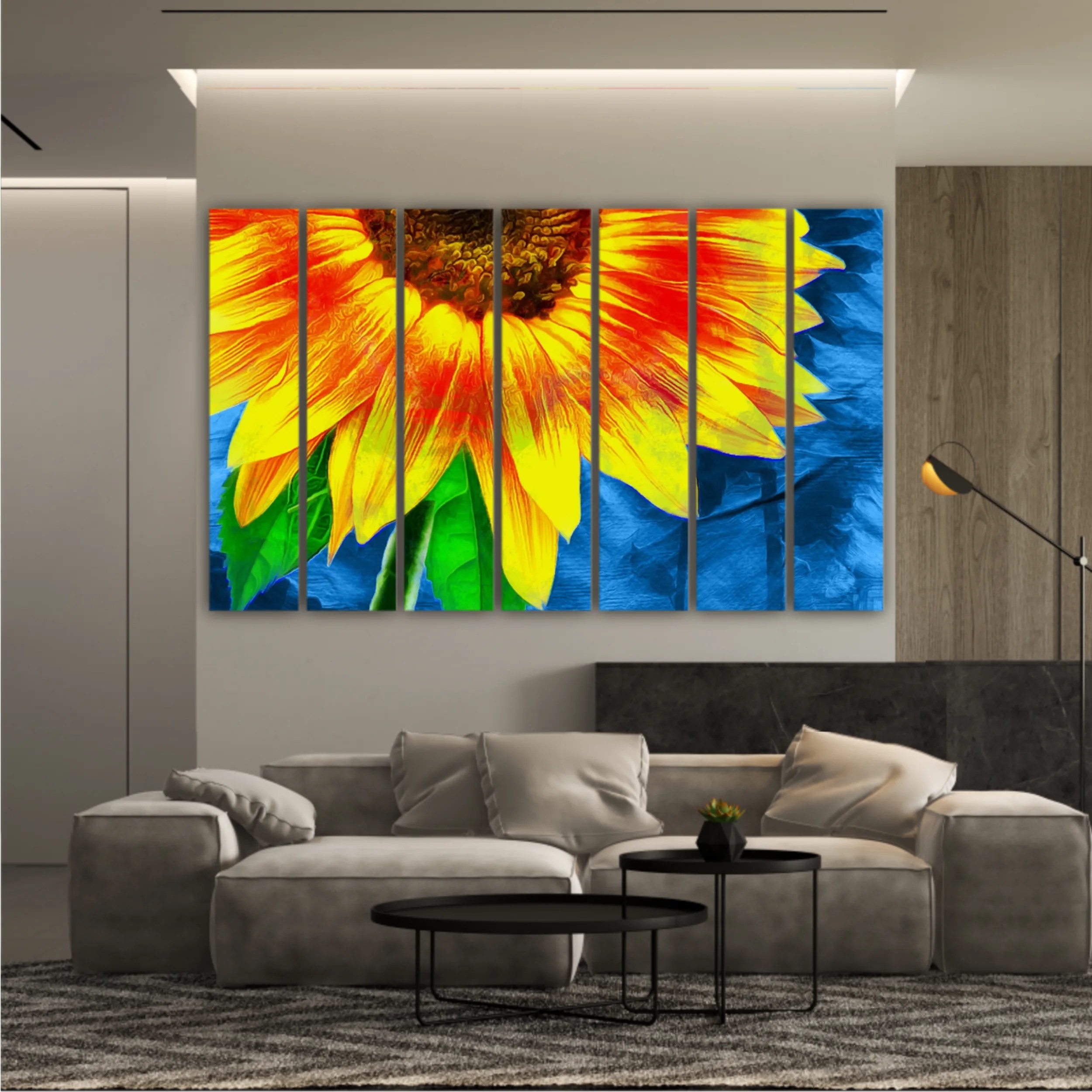 Yellow sunflowers on blue abstract background N1