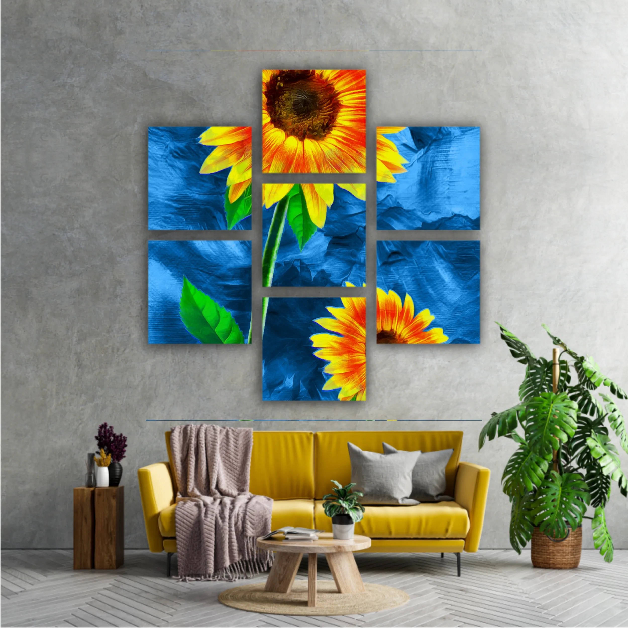 Yellow sunflowers on blue abstract background N2