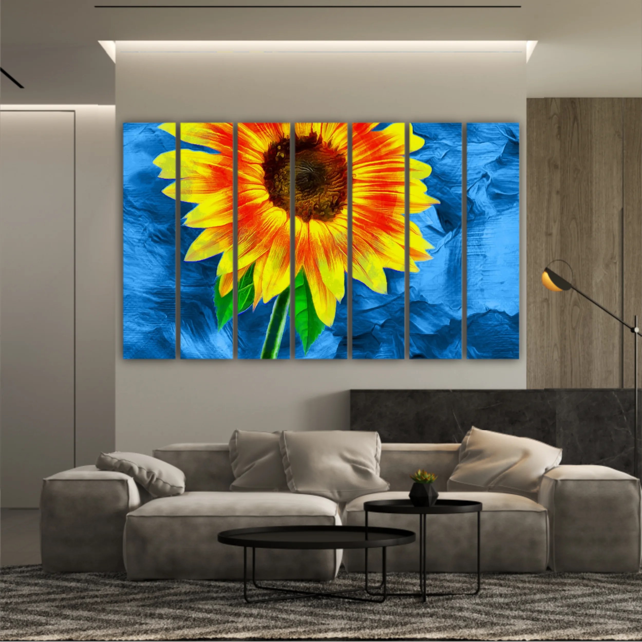 Yellow sunflowers on blue abstract background N2