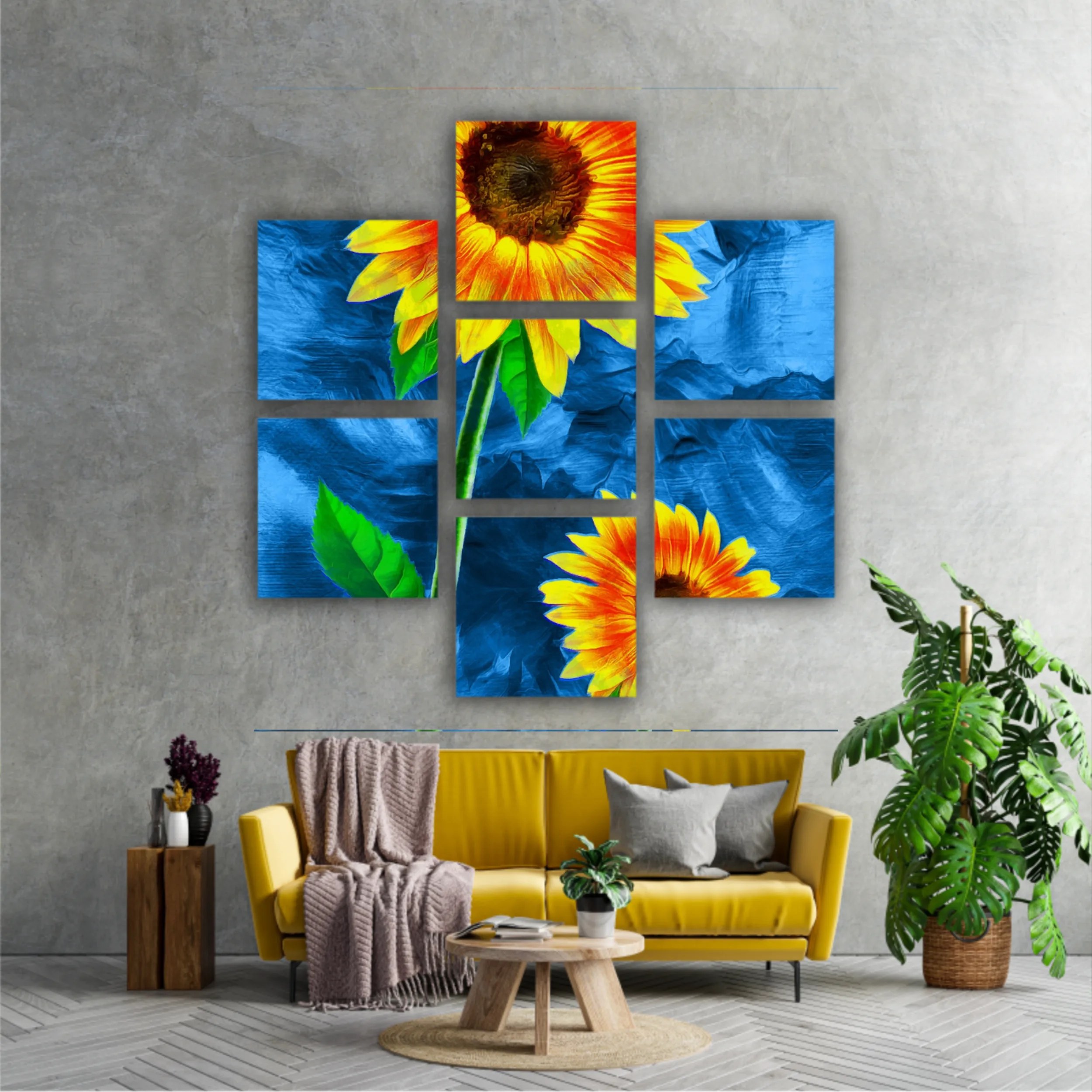 Yellow sunflowers on blue abstract background N3