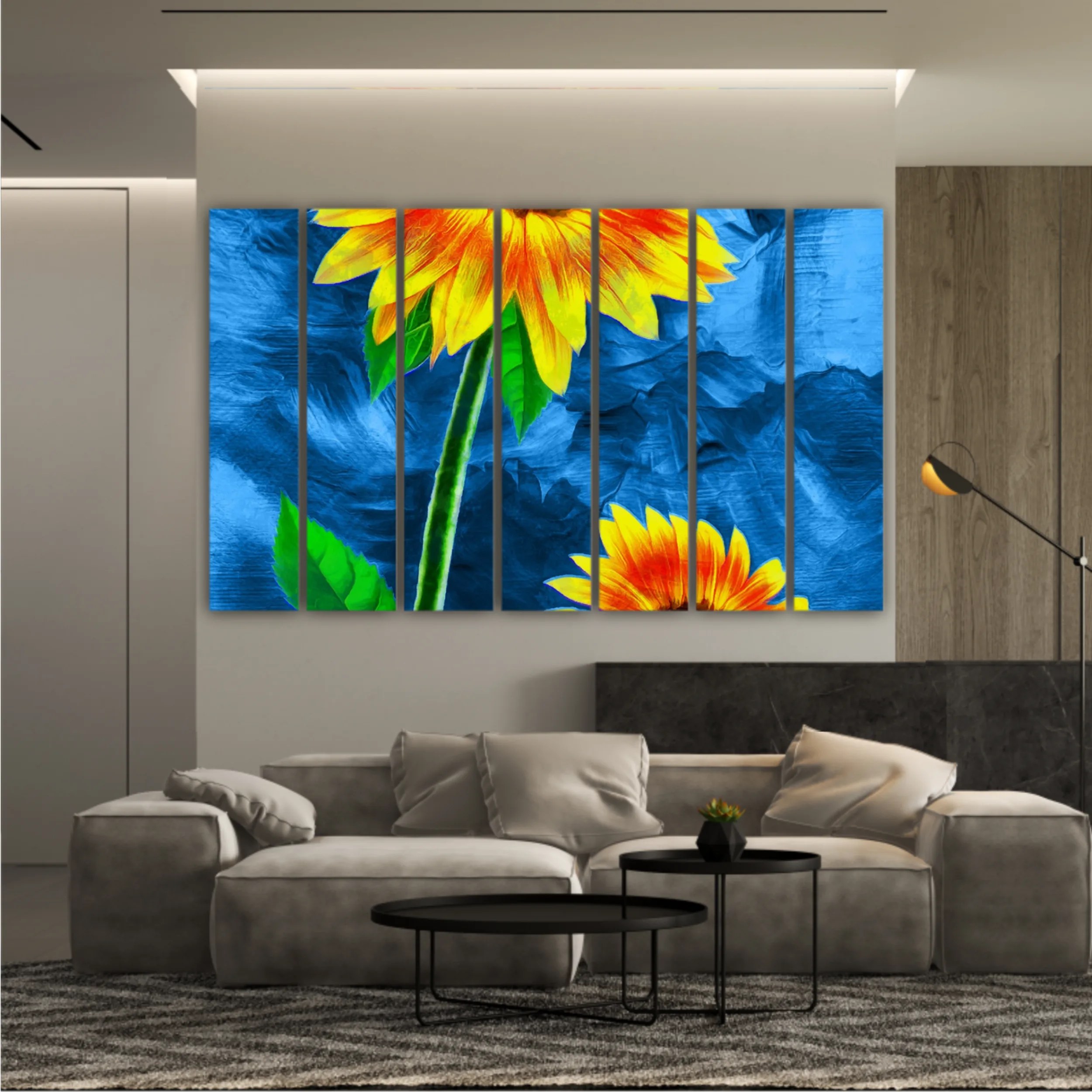 Yellow sunflowers on blue abstract background N3