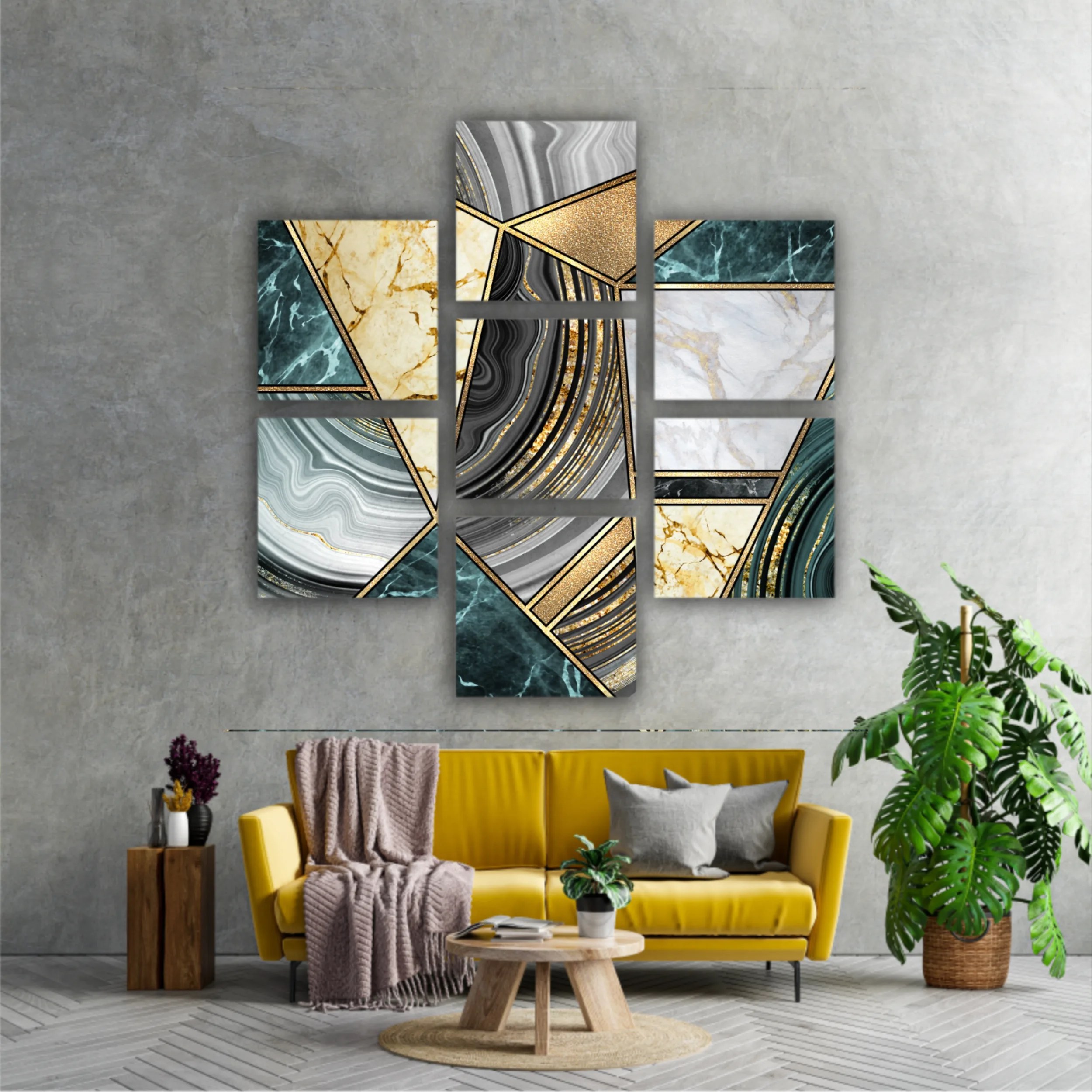 Сreative texture of marble,  modern mosaic inlay, green and gold N3