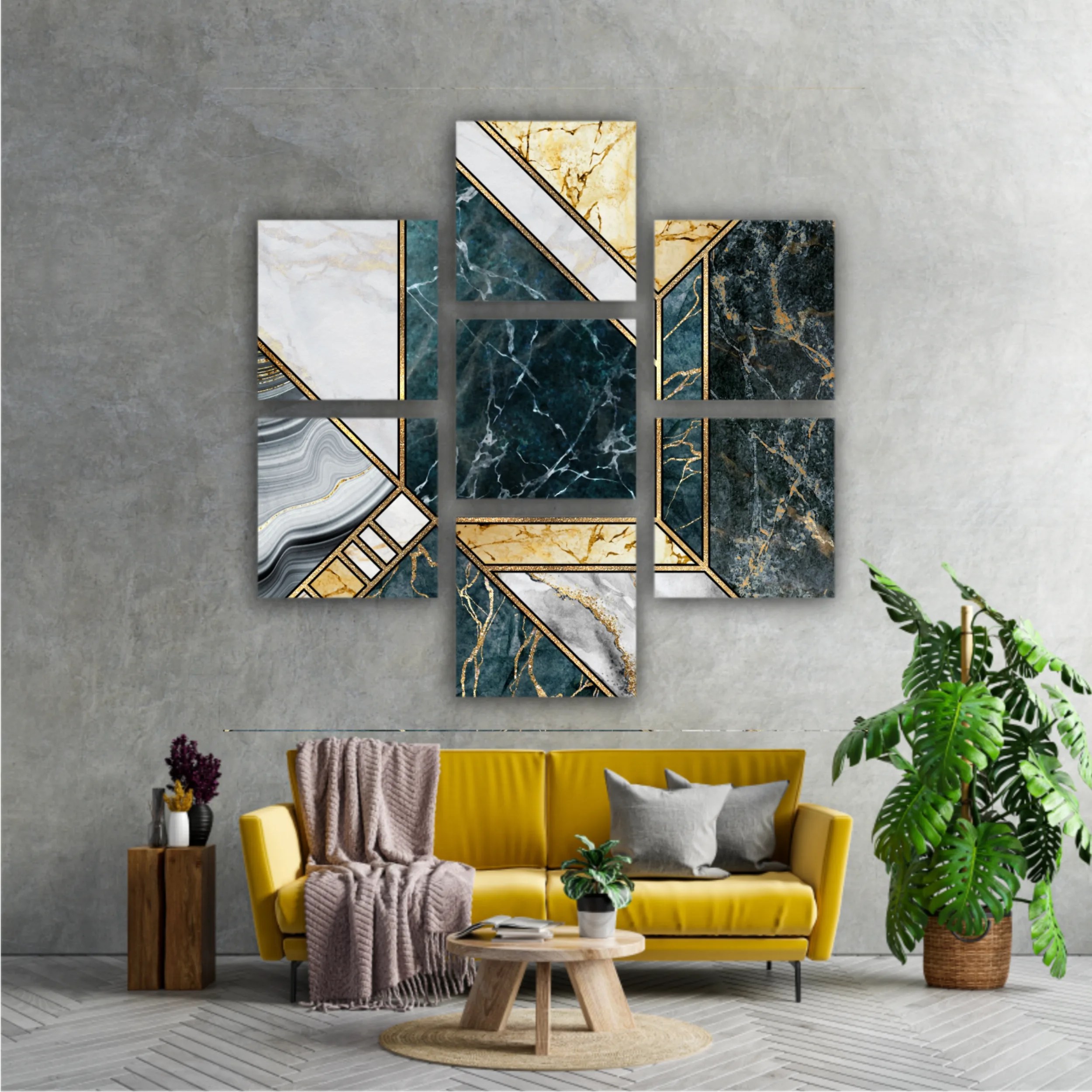 Сreative texture of marble,  modern mosaic inlay, green and gold N4