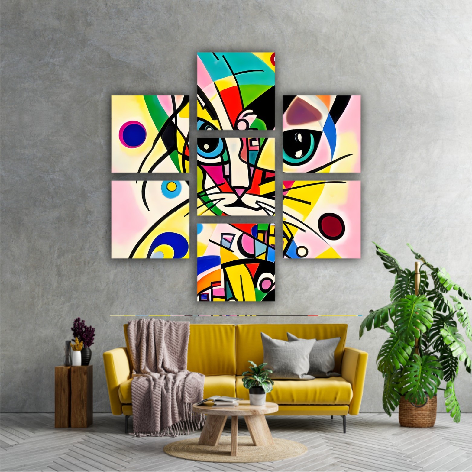 A bright and colorful abstract portrait composition of a cat designed in the style of Kandinsky and the Bauhaus art movement.