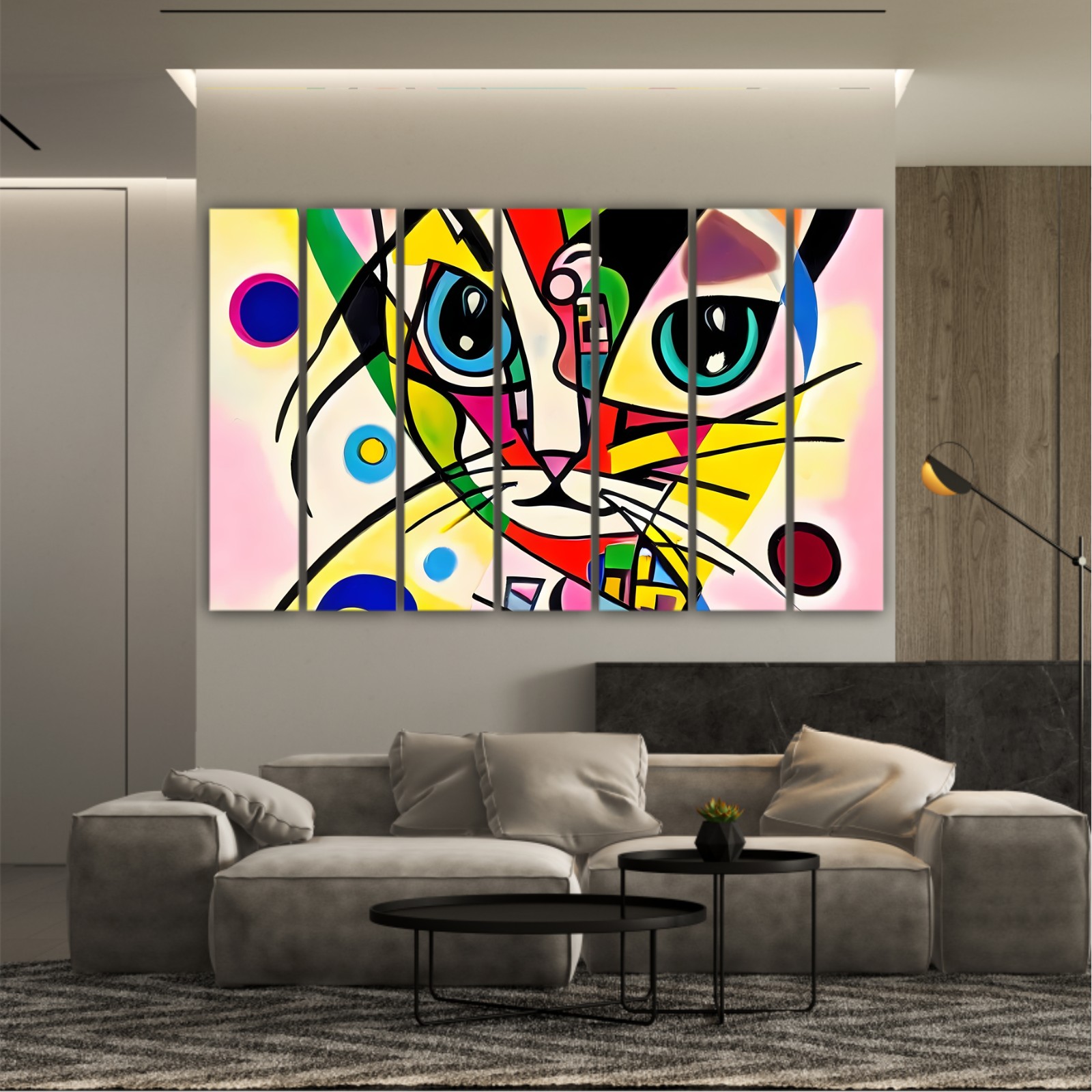 A bright and colorful abstract portrait composition of a cat designed in the style of Kandinsky and the Bauhaus art movement.