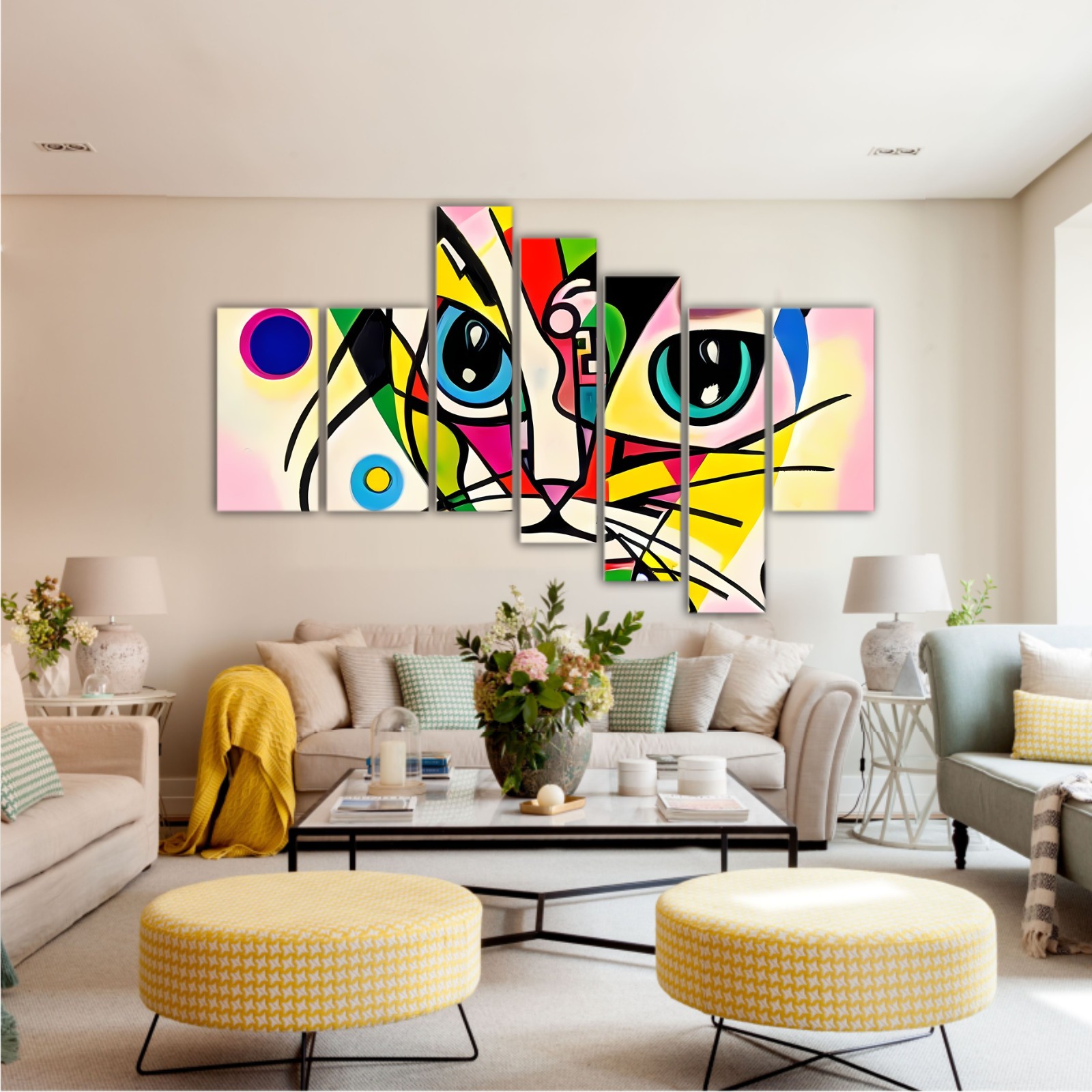 A bright and colorful abstract portrait composition of a cat designed in the style of Kandinsky and the Bauhaus art movement.