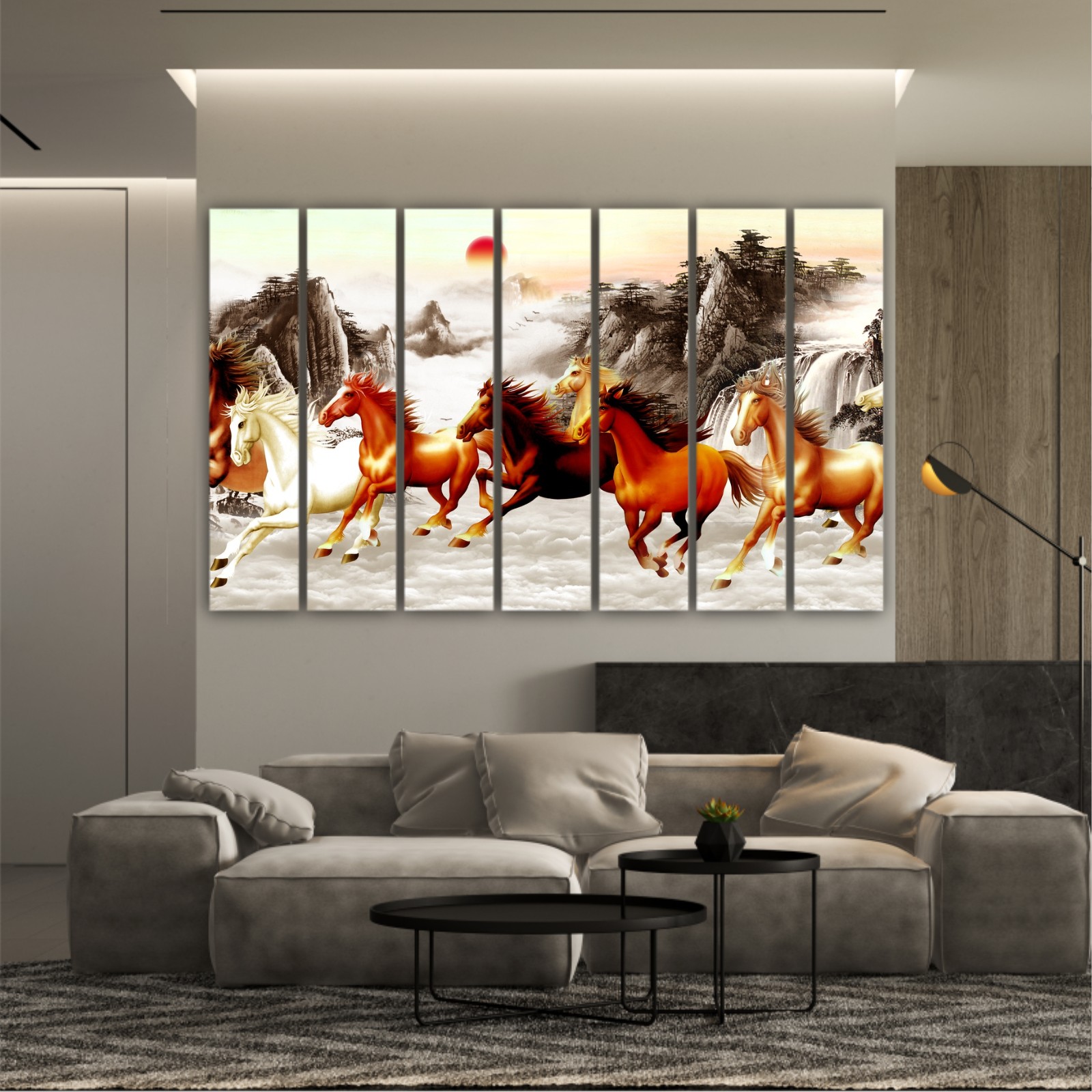 Abstract painting  with galloping horses and a red moon on backround