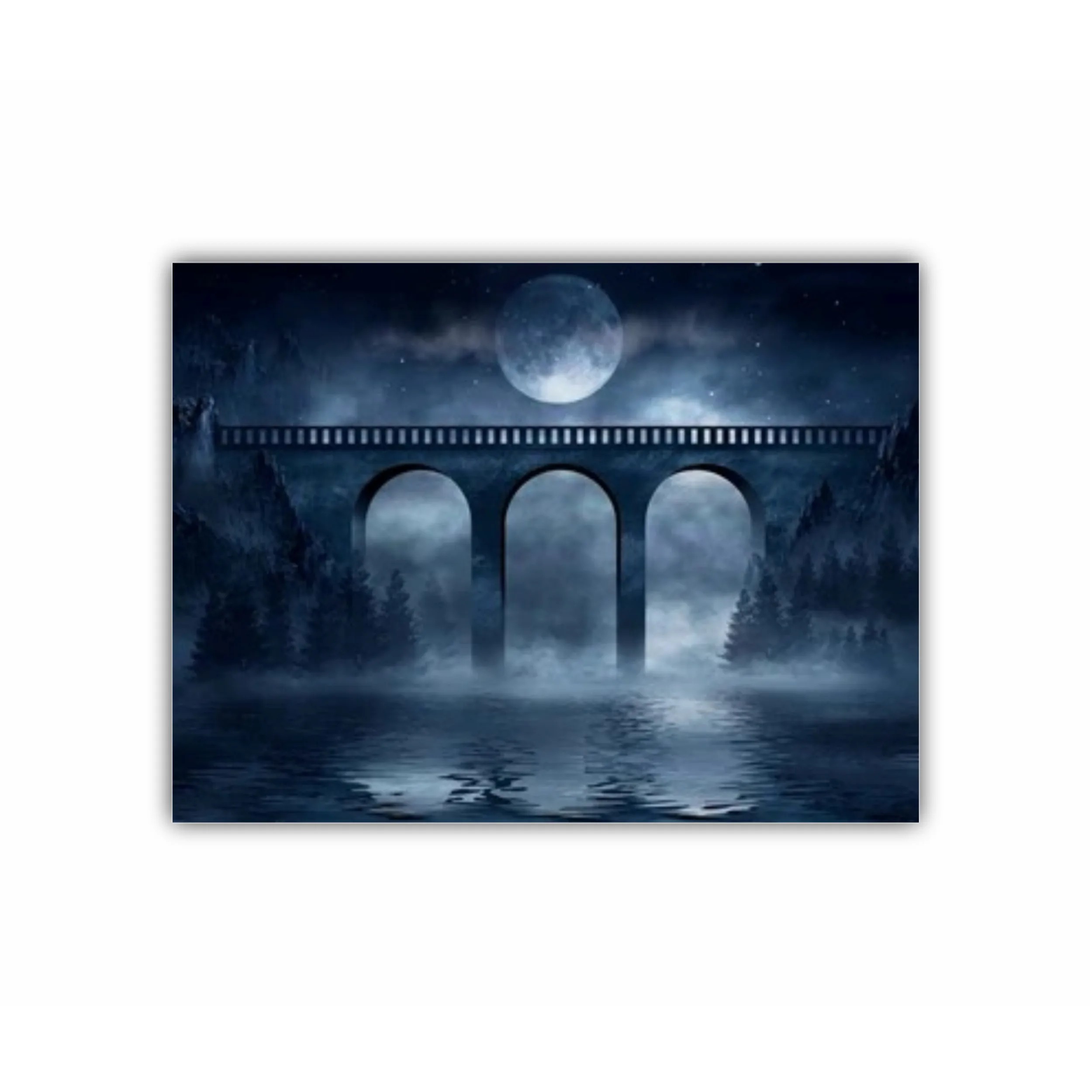 Old concrete bridge, moonlight. Dark natural scene with reflection of light in the water. Dark, dramatic forest. 3D