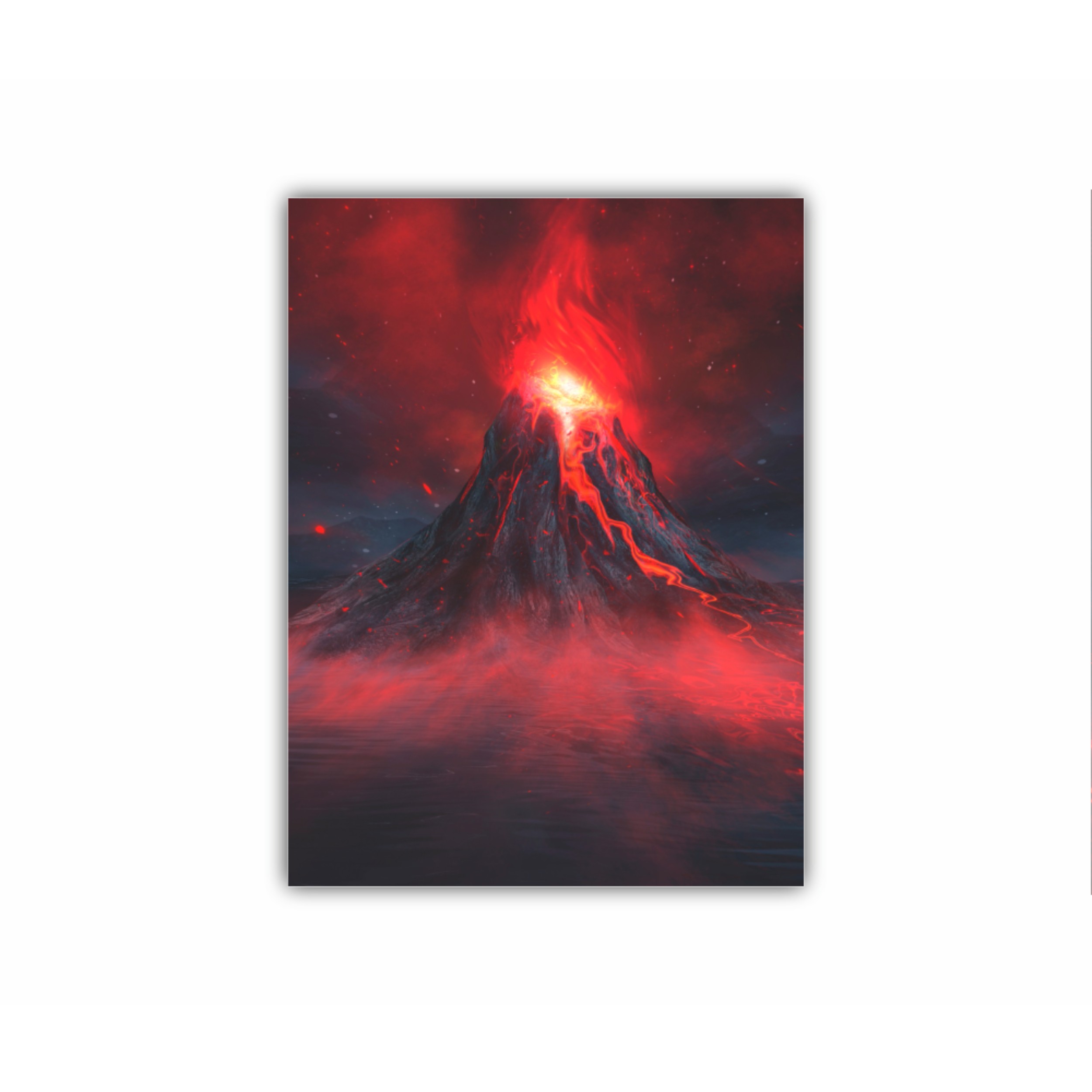 Explosive volcano with burning lava, neon light. Dark Futuristic natural scene with reflection of light in the water. 3D