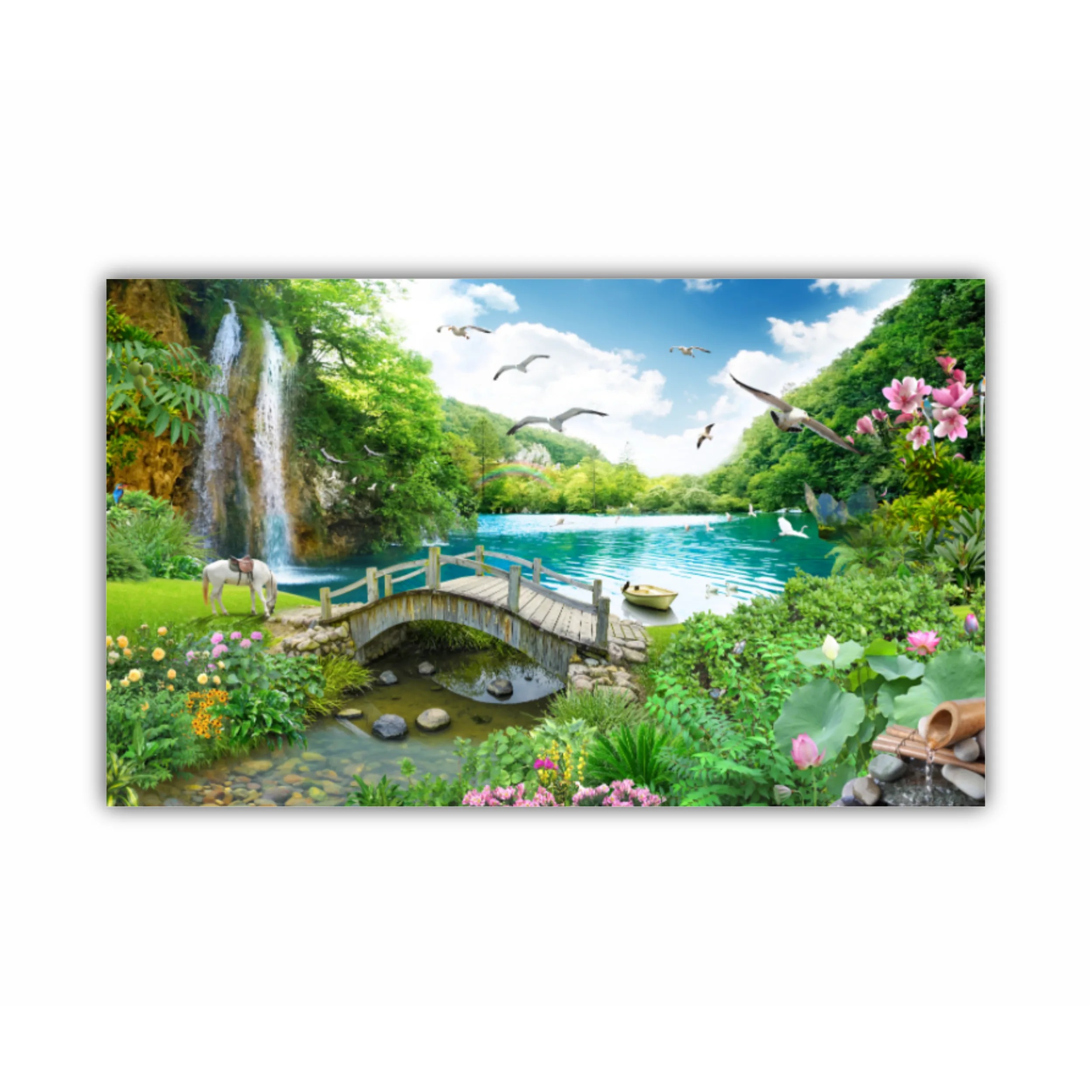 tropical view with waterfall, lake, bird, white horse and wood bridge