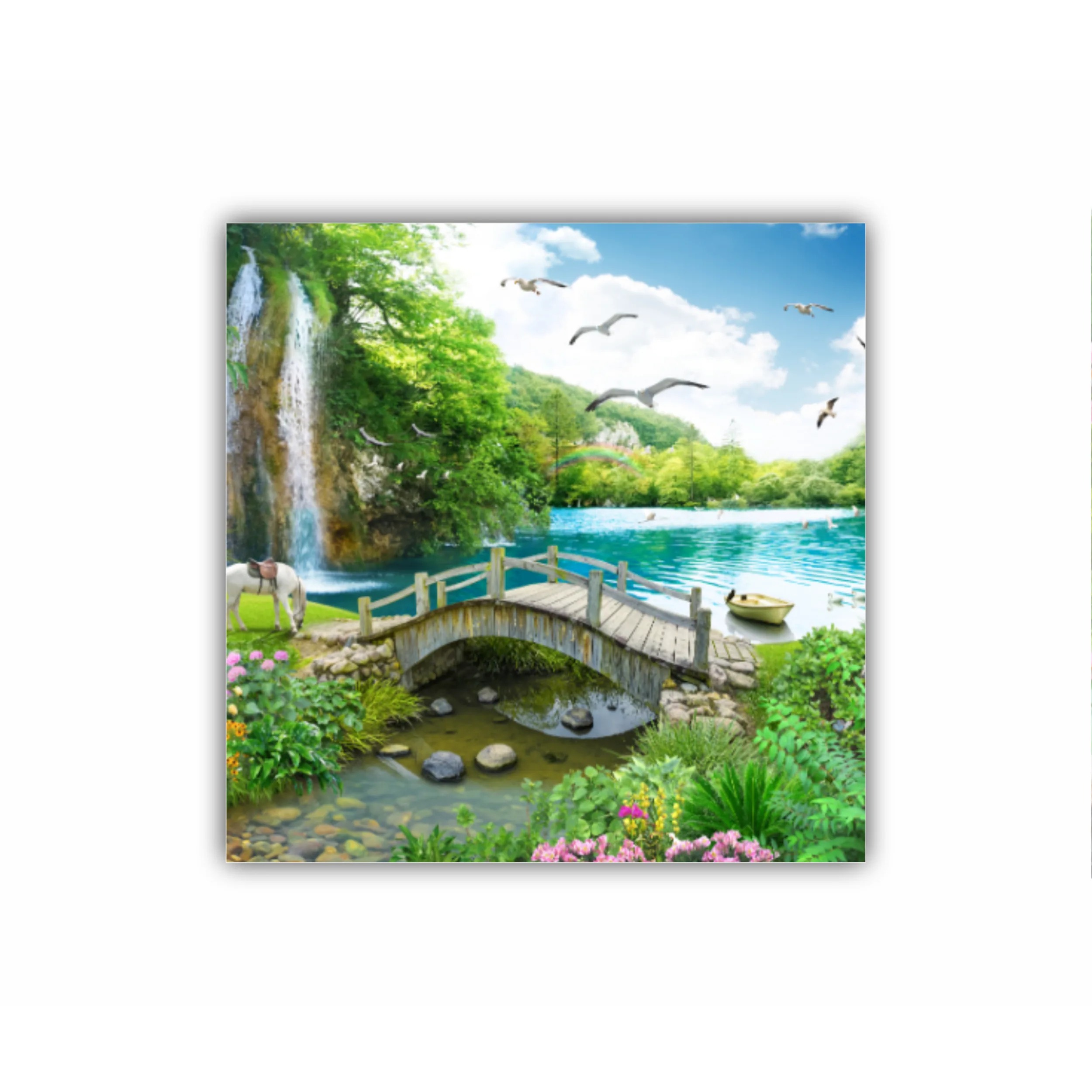 tropical view with waterfall, lake, bird, white horse and wood bridge