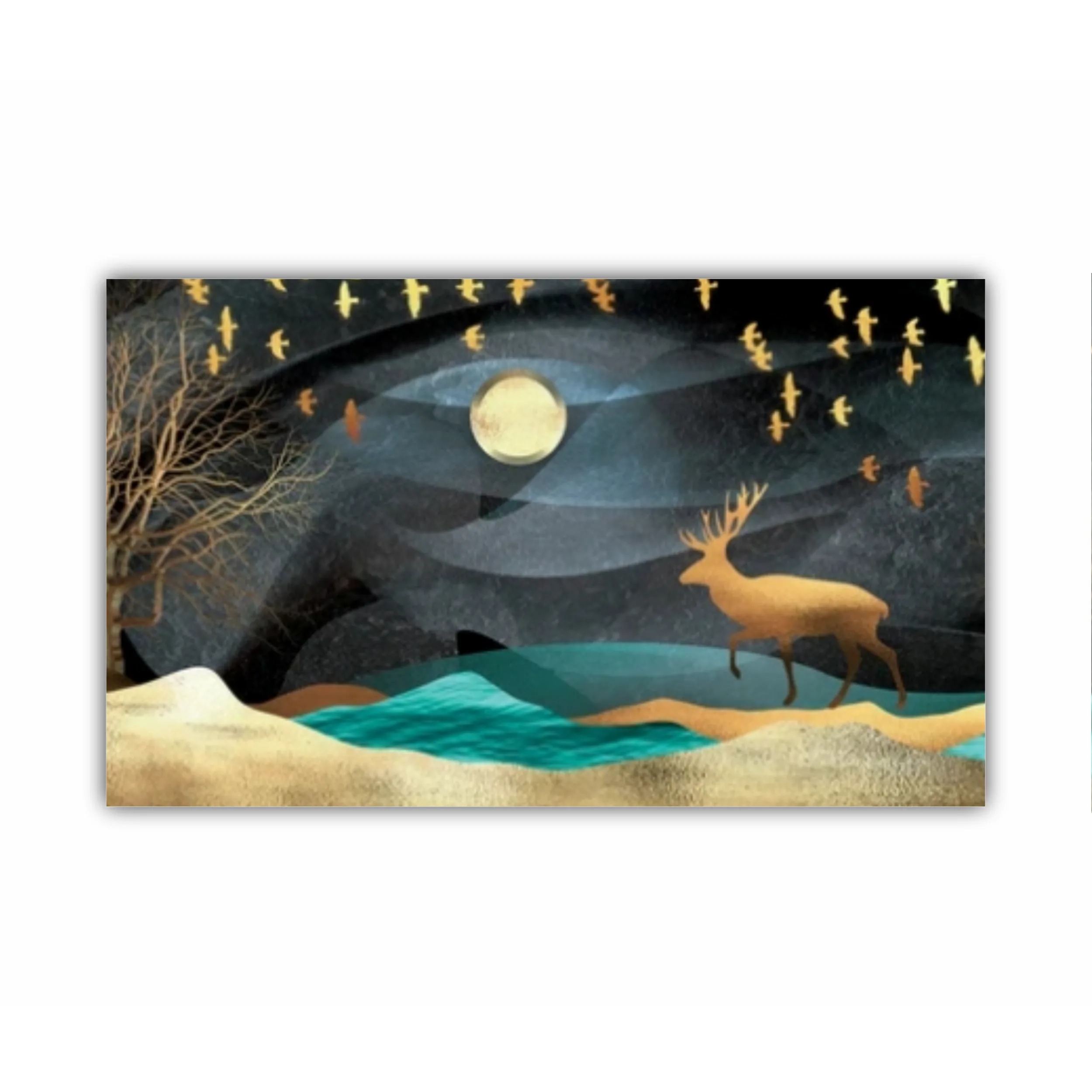 3d illustration of moon, deer and flock of flying birds