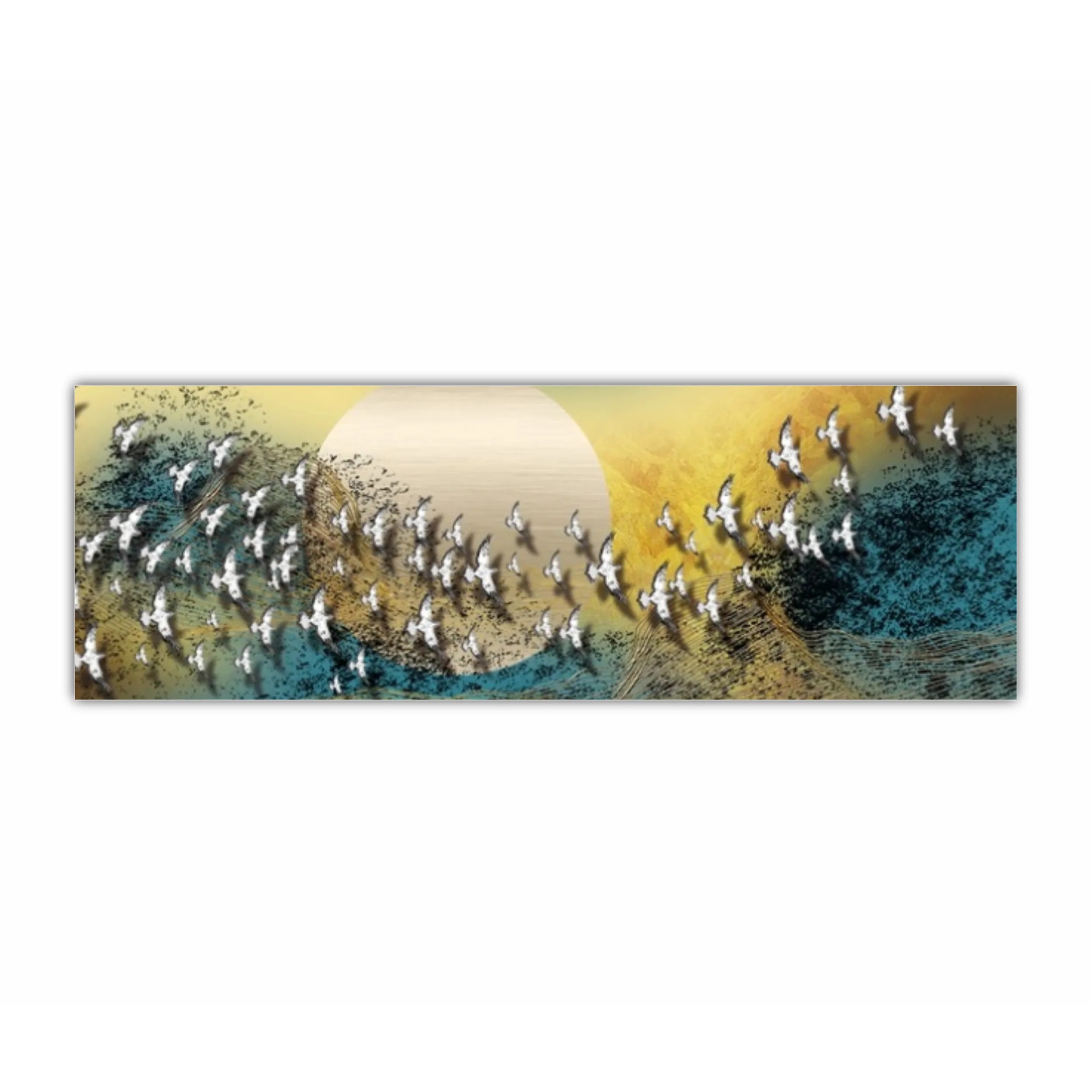 3d illustration of white flock of birds flying over the moon. Luxurious abstract art digital painting