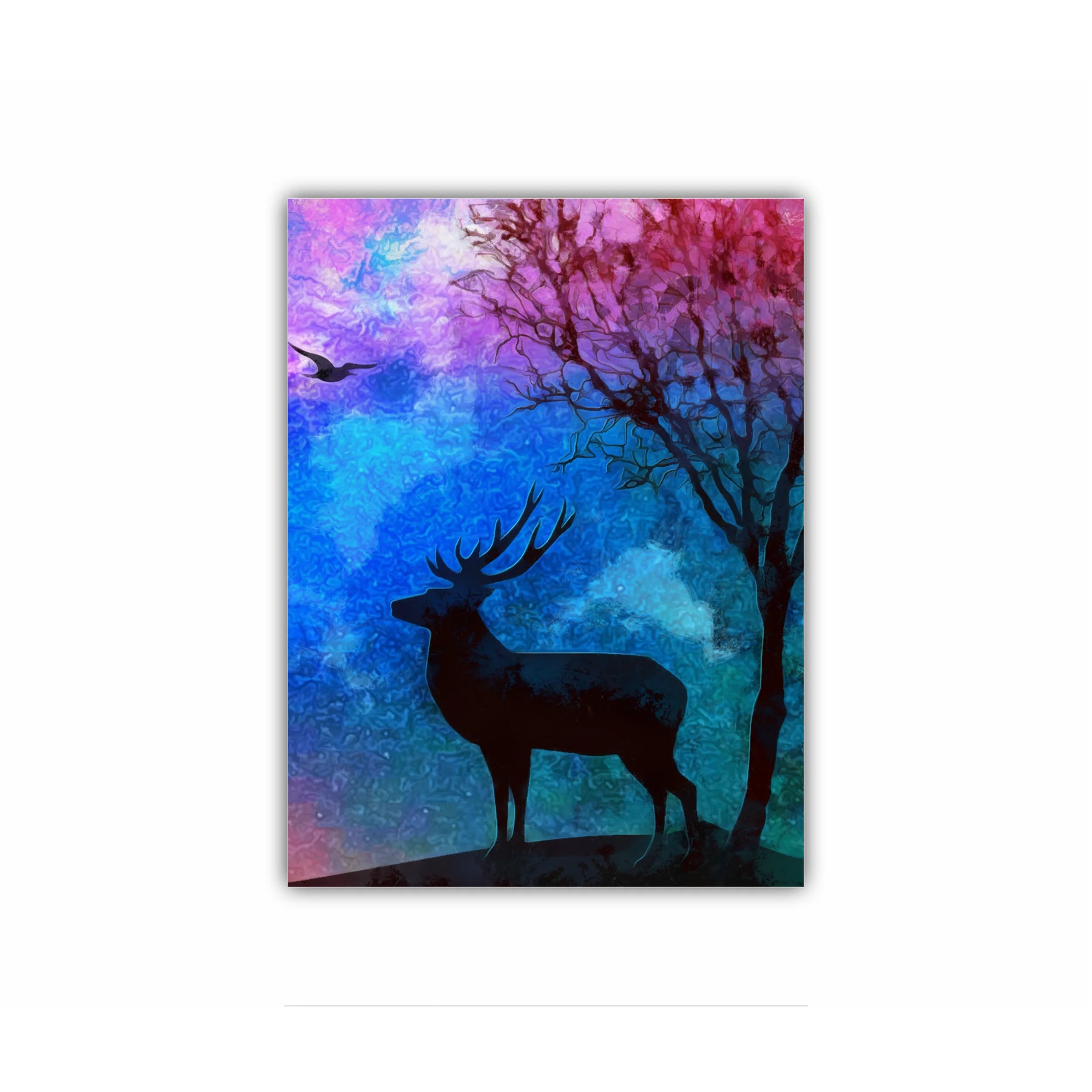 Landscape of the deer in a forest at night with dark blue misty background with moon