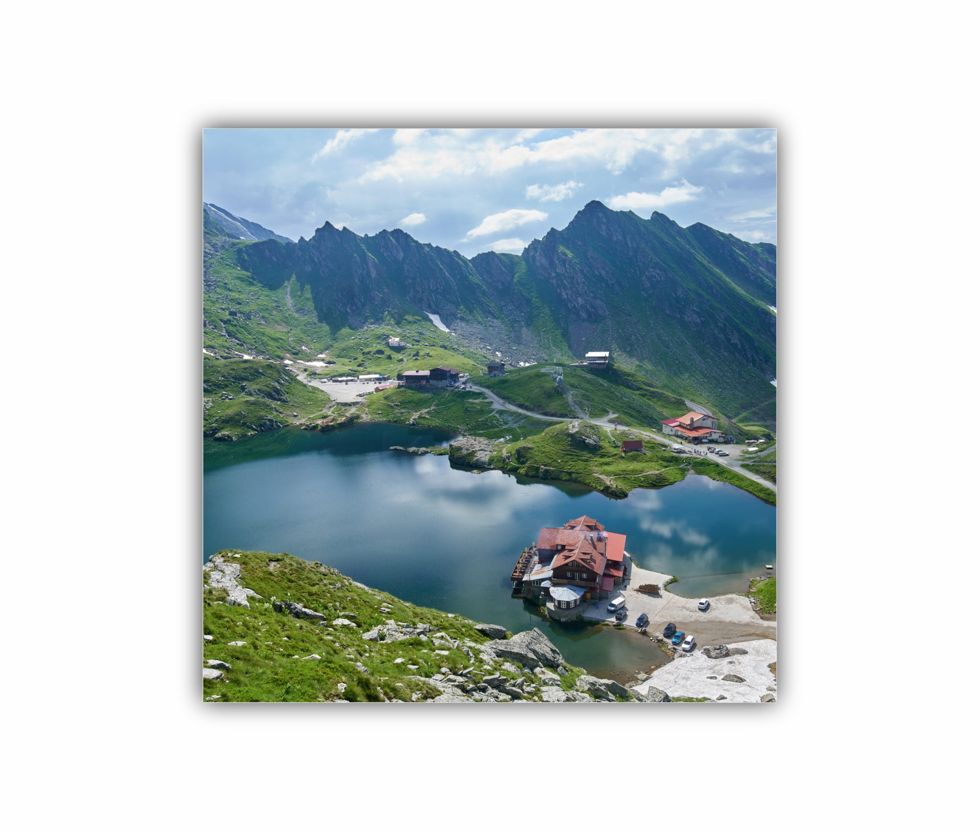 Aerial view of Balea lake in Romania Fagaras mountains