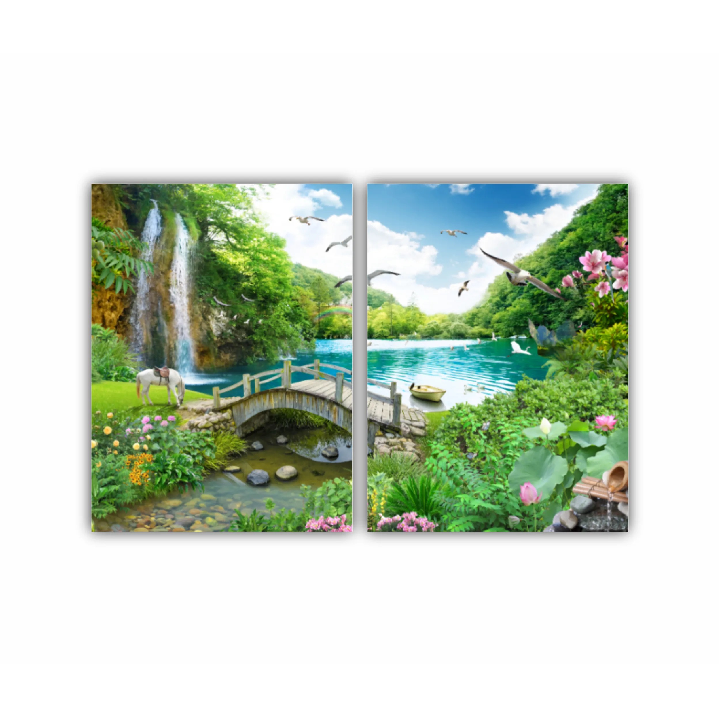 tropical view with waterfall, lake, bird, white horse and wood bridge