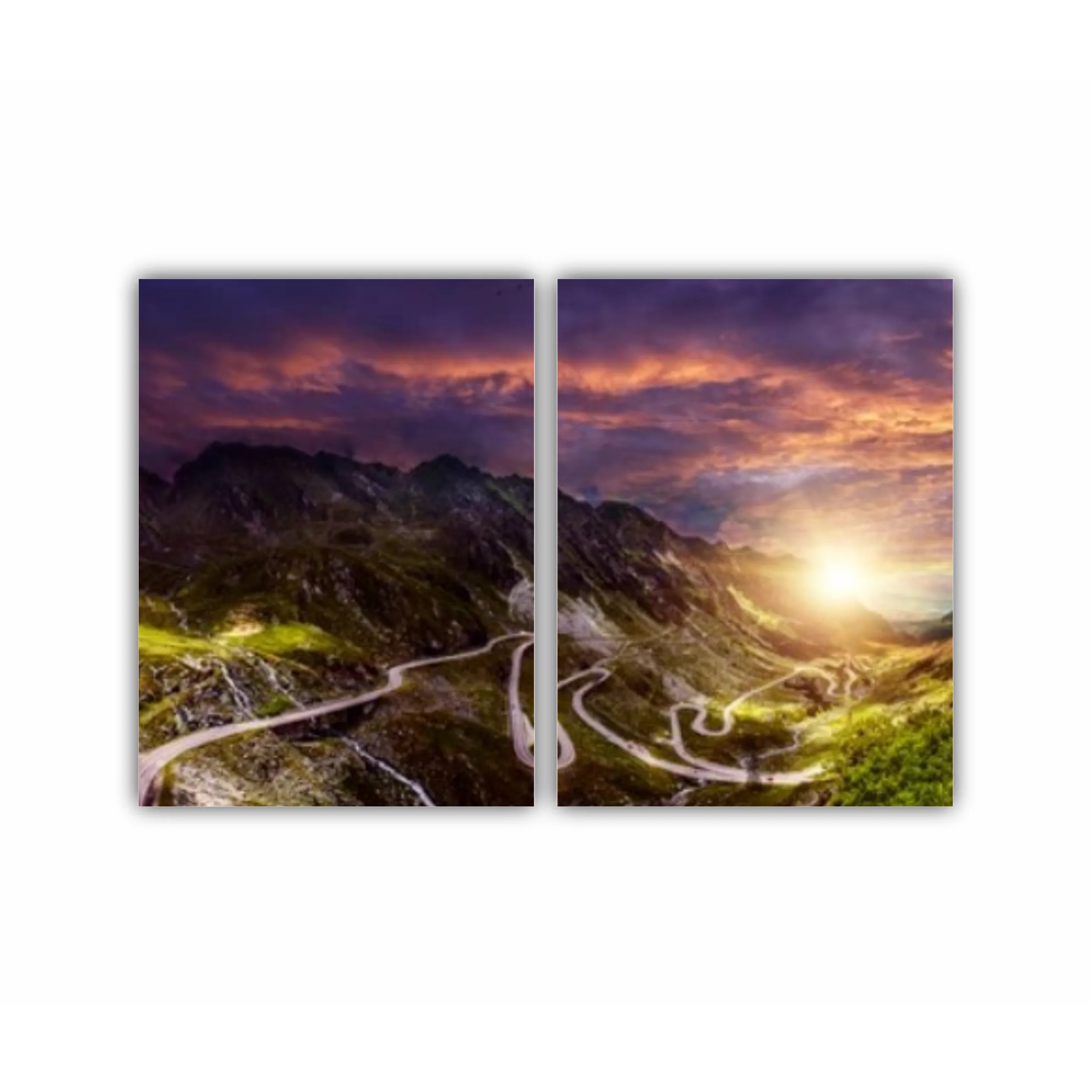 Transfagarash road - majestic mountain scenery. fantastic sunset in mountains. colorful sky over the Transfaganskaya highway, glowiing in sunlight