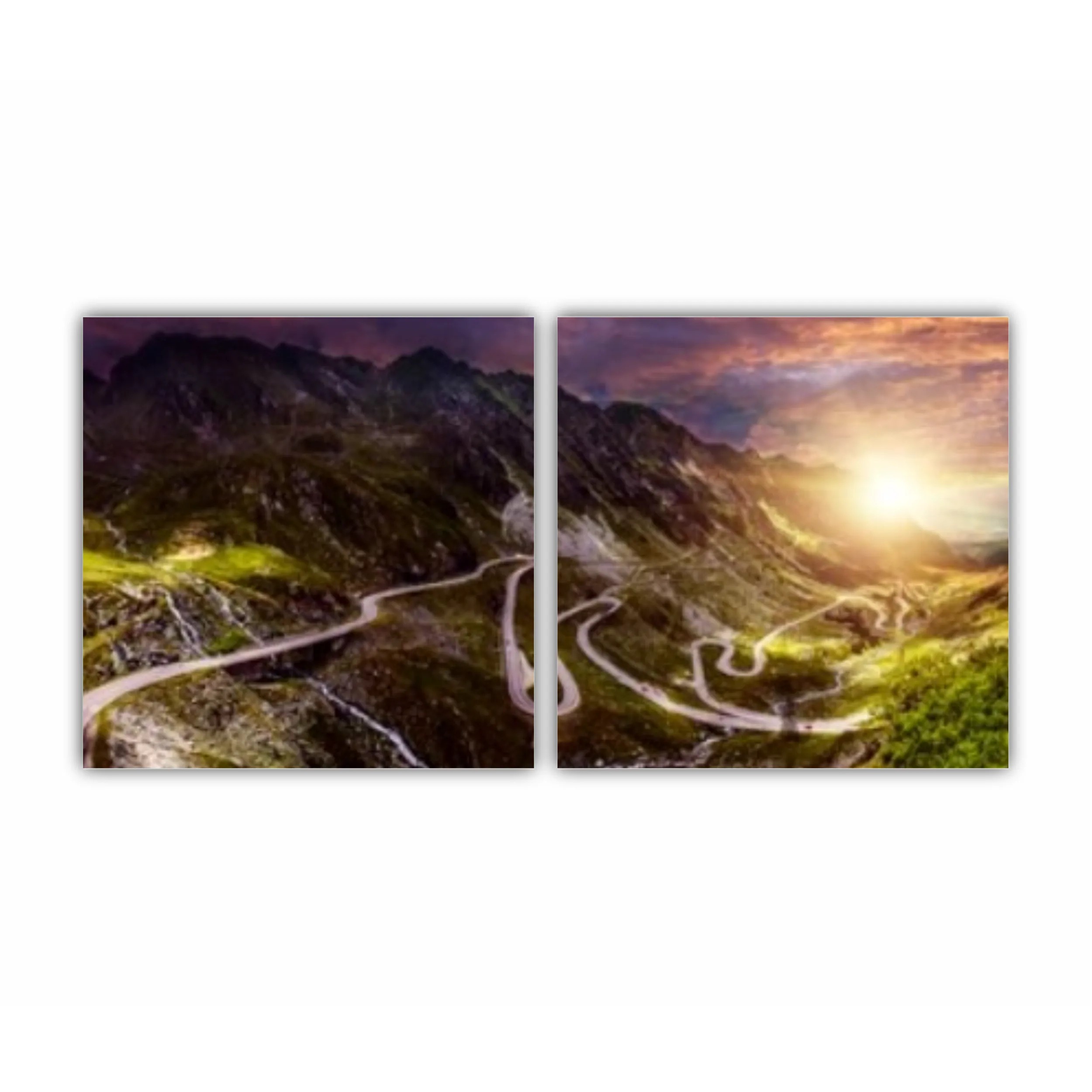 Transfagarash road - majestic mountain scenery. fantastic sunset in mountains. colorful sky over the Transfaganskaya highway, glowiing in sunlight