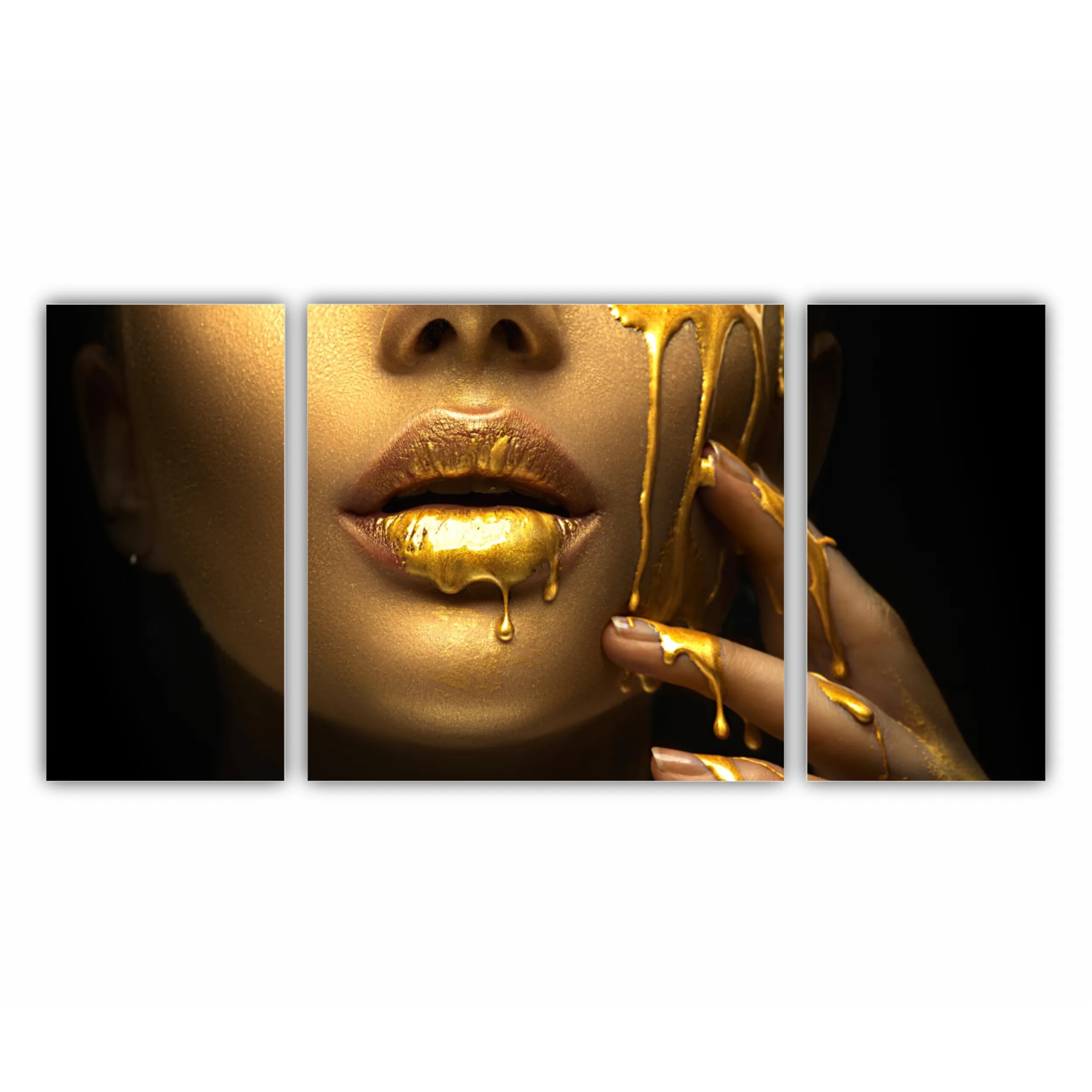 Lipgloss dripping from sexy lips, golden liquid drops on beautiful model girls mouth, gold metallic skin make-up. Beauty woman makeup close up