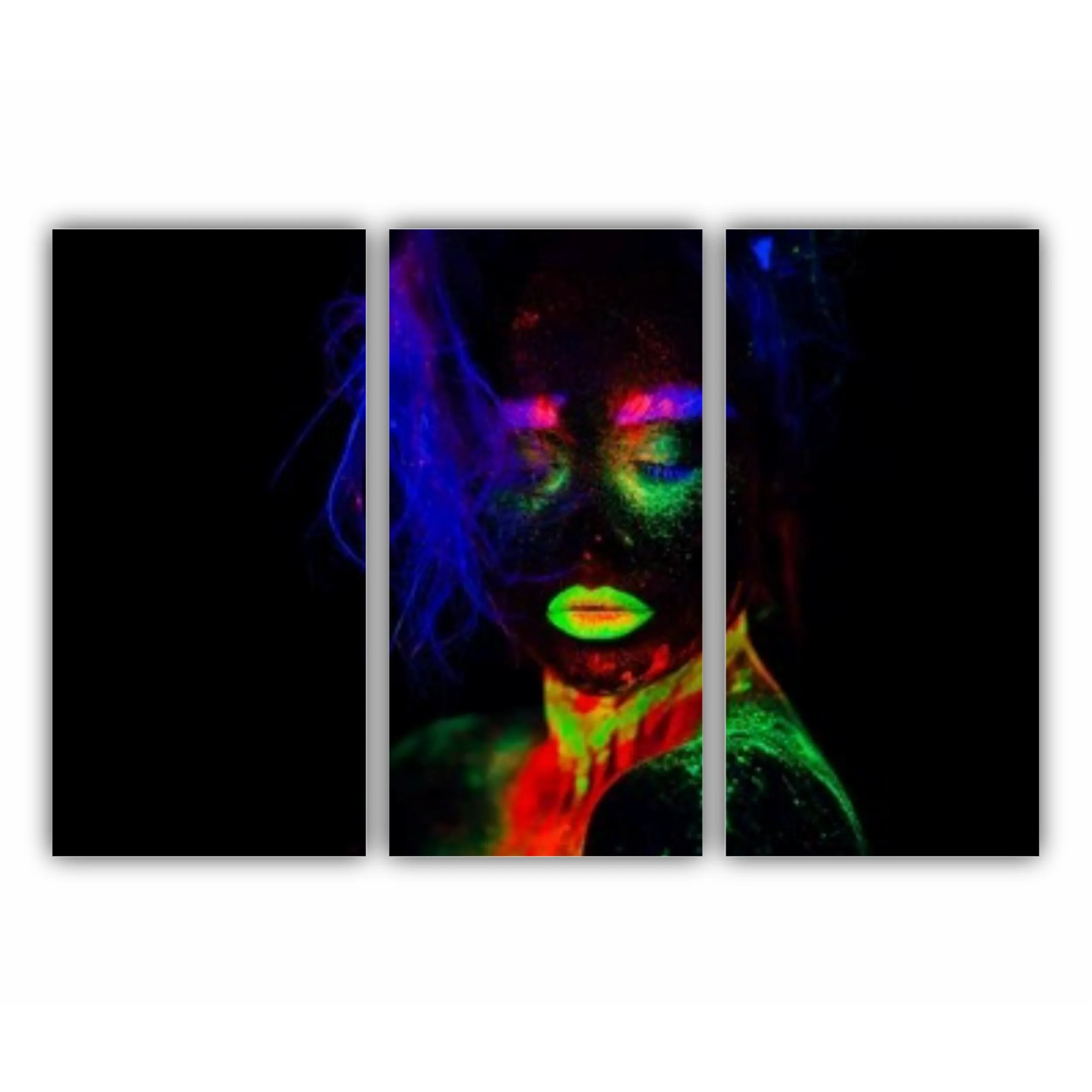 It is portrait of beautiful model with fluorescent make-up, Art design of female posing in UV with colorful make up