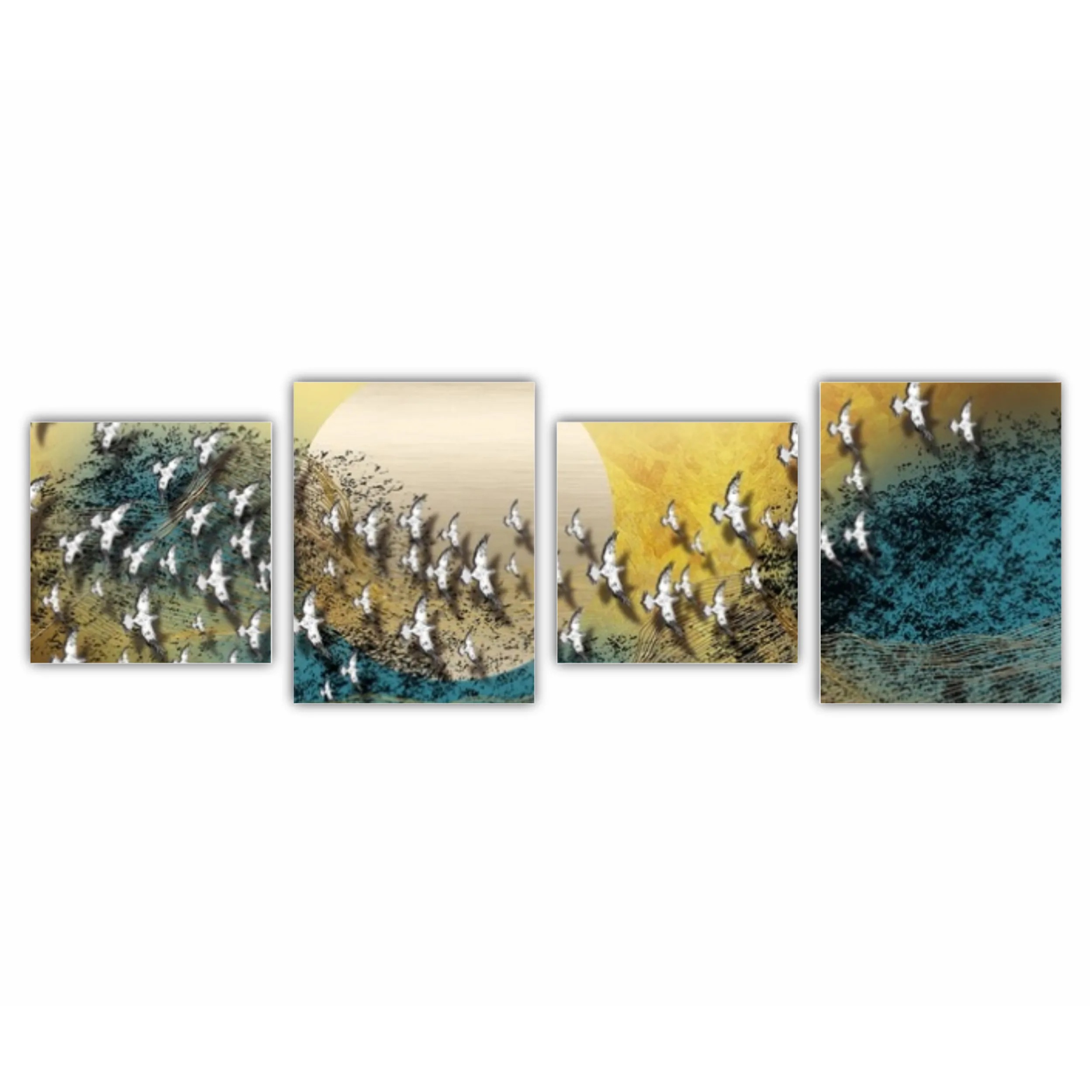 3d illustration of white flock of birds flying over the moon. Luxurious abstract art digital painting