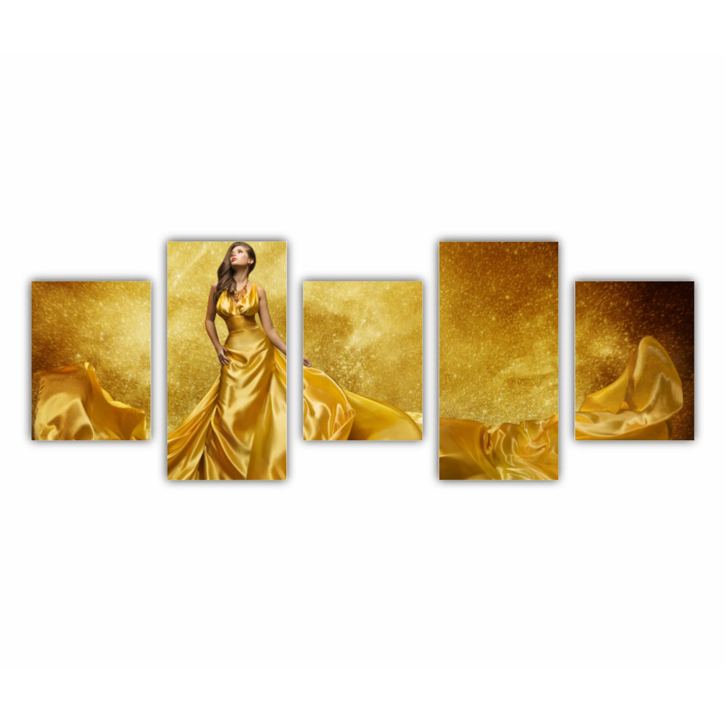 Gold Fashion Model Dress, Woman In Golden Silk Gown Flowing Fabric. Beautiful Girl on Stars Sky looking up